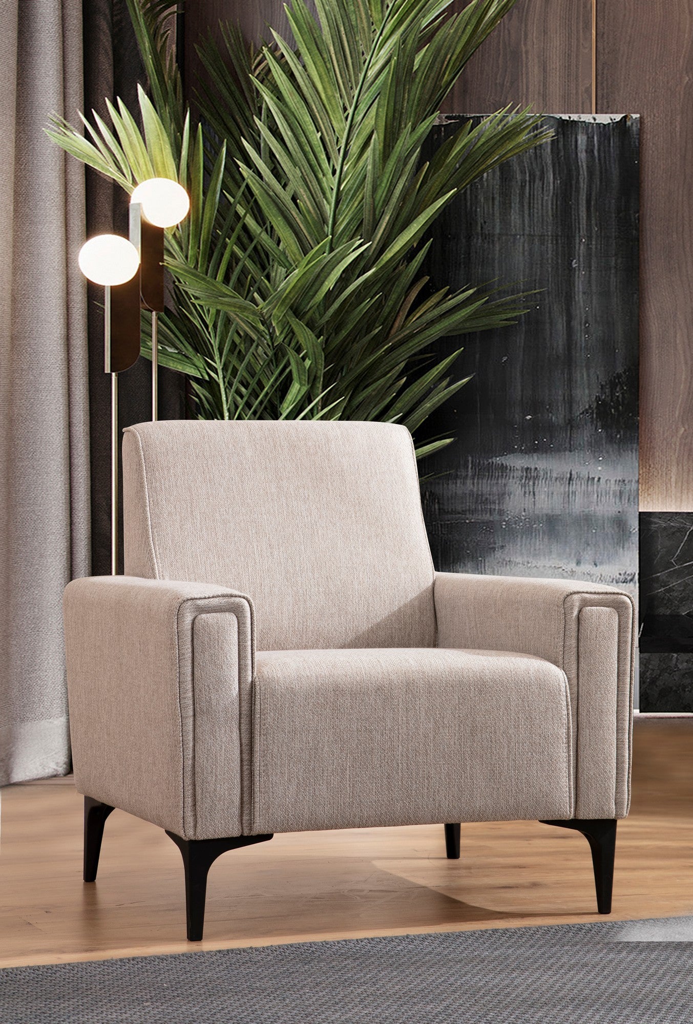 Sofá elegante de 1 lugar, marrom claro, 90 x 85 x 77 cm | Estrutura em madeira de faia e aglomerado, tecido 100% poliéster | Almofadas de espuma macia, design de fácil manutenção
