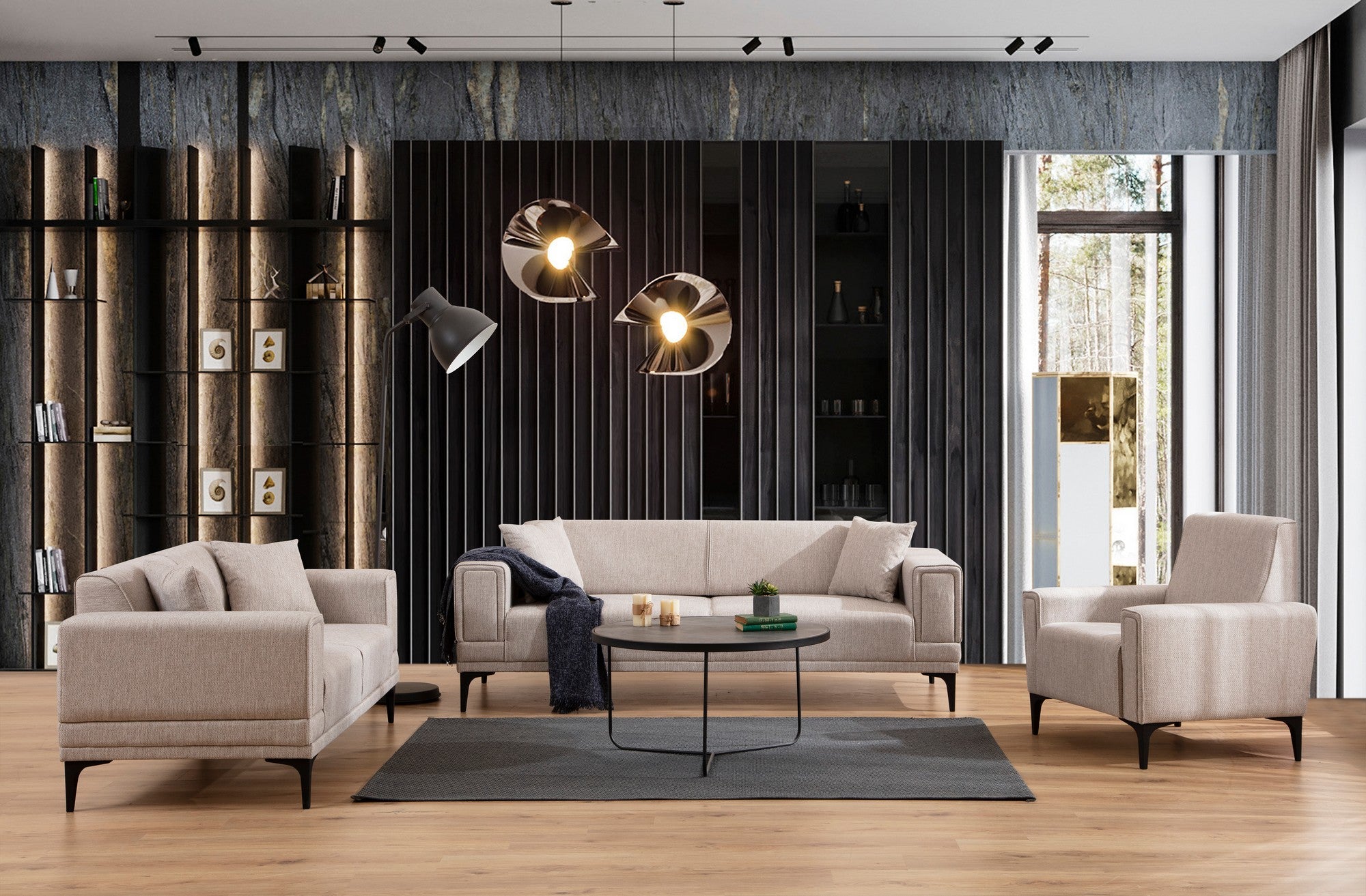 Sofá elegante de 1 lugar, marrom claro, 90 x 85 x 77 cm | Estrutura em madeira de faia e aglomerado, tecido 100% poliéster | Almofadas de espuma macia, design de fácil manutenção