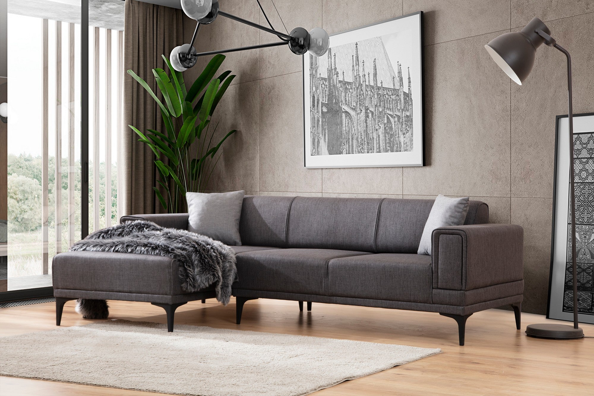 Sofá-cama de canto elegante, cinza escuro, 140x250 cm | Estrutura em madeira de faia e aglomerado, 100% poliéster | Mecanismo giratório, conforto em espuma macia, fácil de cuidar