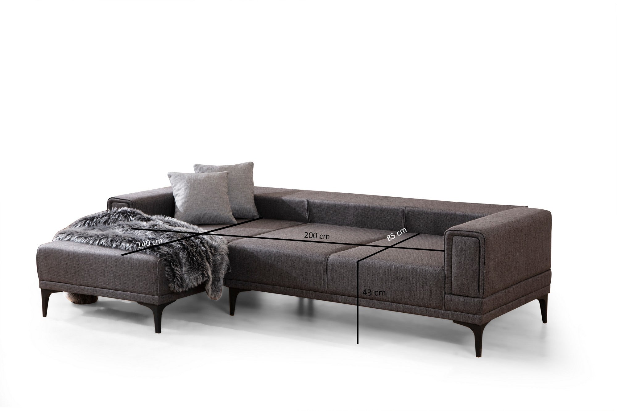 Sofá-cama de canto elegante, cinza escuro, 140x250 cm | Estrutura em madeira de faia e aglomerado, 100% poliéster | Mecanismo giratório, conforto em espuma macia, fácil de cuidar