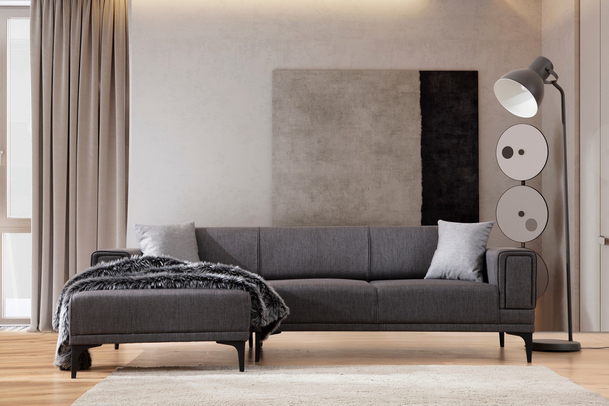 Sofá-cama de canto elegante, cinza escuro, 140x250 cm | Estrutura em madeira de faia e aglomerado, 100% poliéster | Mecanismo giratório, conforto em espuma macia, fácil de cuidar