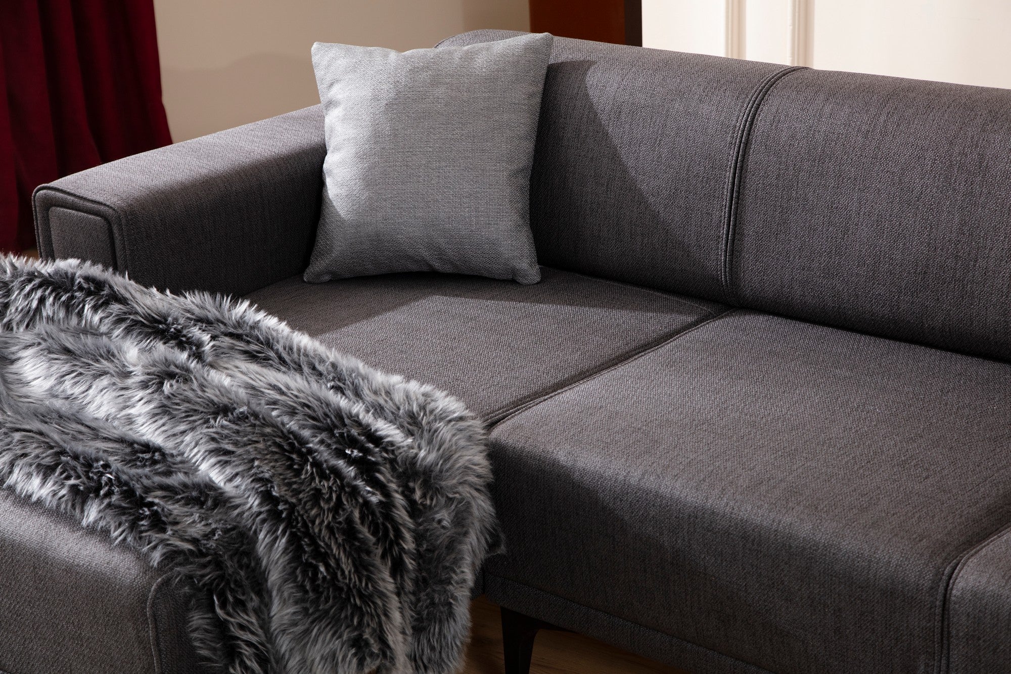 Sofá-cama de canto elegante, cinza escuro, 140x250 cm | Estrutura em madeira de faia e aglomerado, 100% poliéster | Mecanismo giratório, conforto em espuma macia, fácil de cuidar