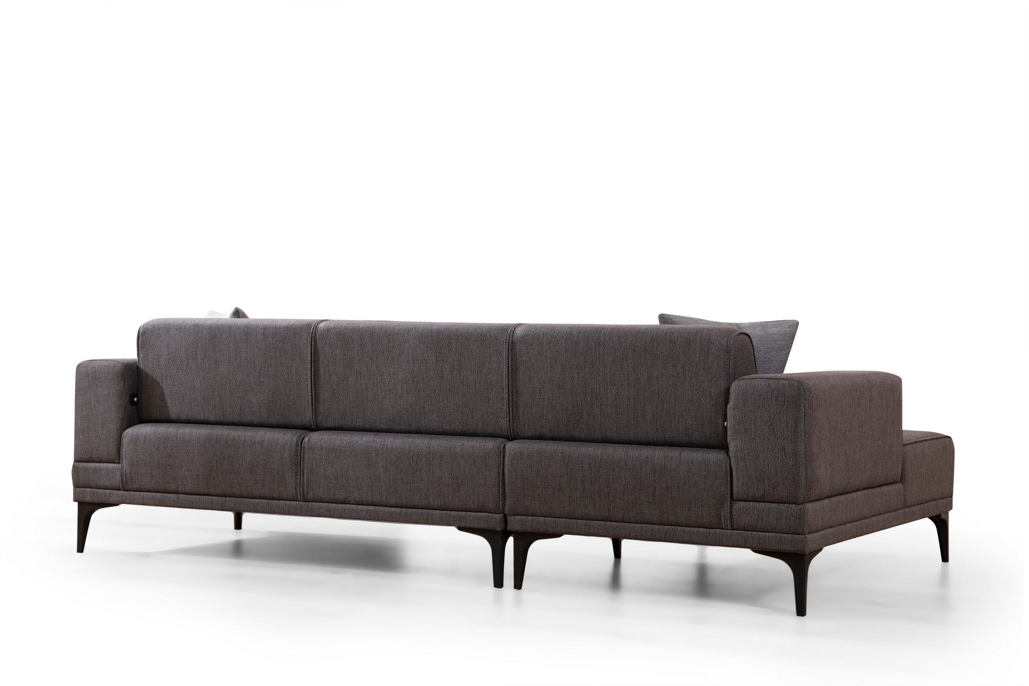 Sofá-cama de canto elegante, cinza escuro, 140x250 cm | Estrutura em madeira de faia e aglomerado, 100% poliéster | Mecanismo giratório, conforto em espuma macia, fácil de cuidar