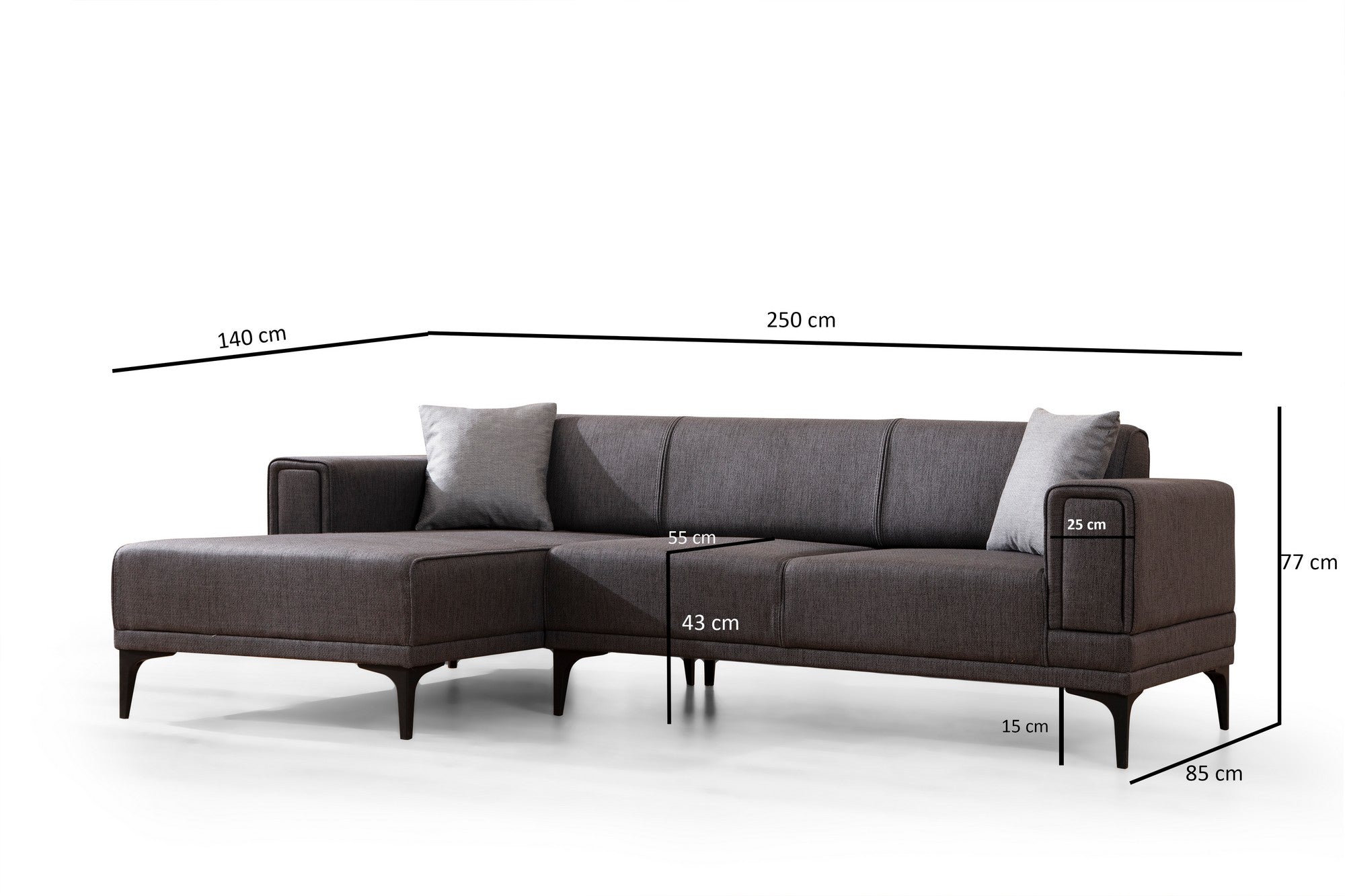 Sofá-cama de canto elegante, cinza escuro, 140x250 cm | Estrutura em madeira de faia e aglomerado, 100% poliéster | Mecanismo giratório, conforto em espuma macia, fácil de cuidar