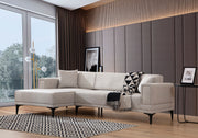 Sofá-cama de canto elegante, cru, 140x250 cm | Estrutura em madeira de faia e aglomerado, 100% poliéster, mecanismo giratório | Perfeito para espaços modernos