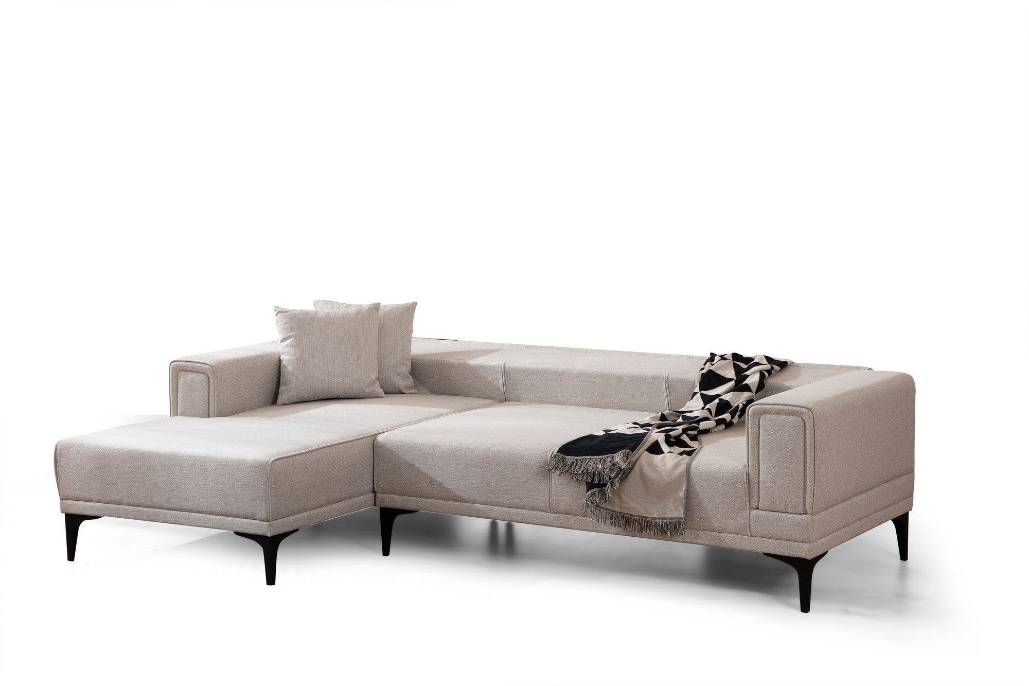 Sofá-cama de canto elegante, cru, 140x250 cm | Estrutura em madeira de faia e aglomerado, 100% poliéster, mecanismo giratório | Perfeito para espaços modernos
