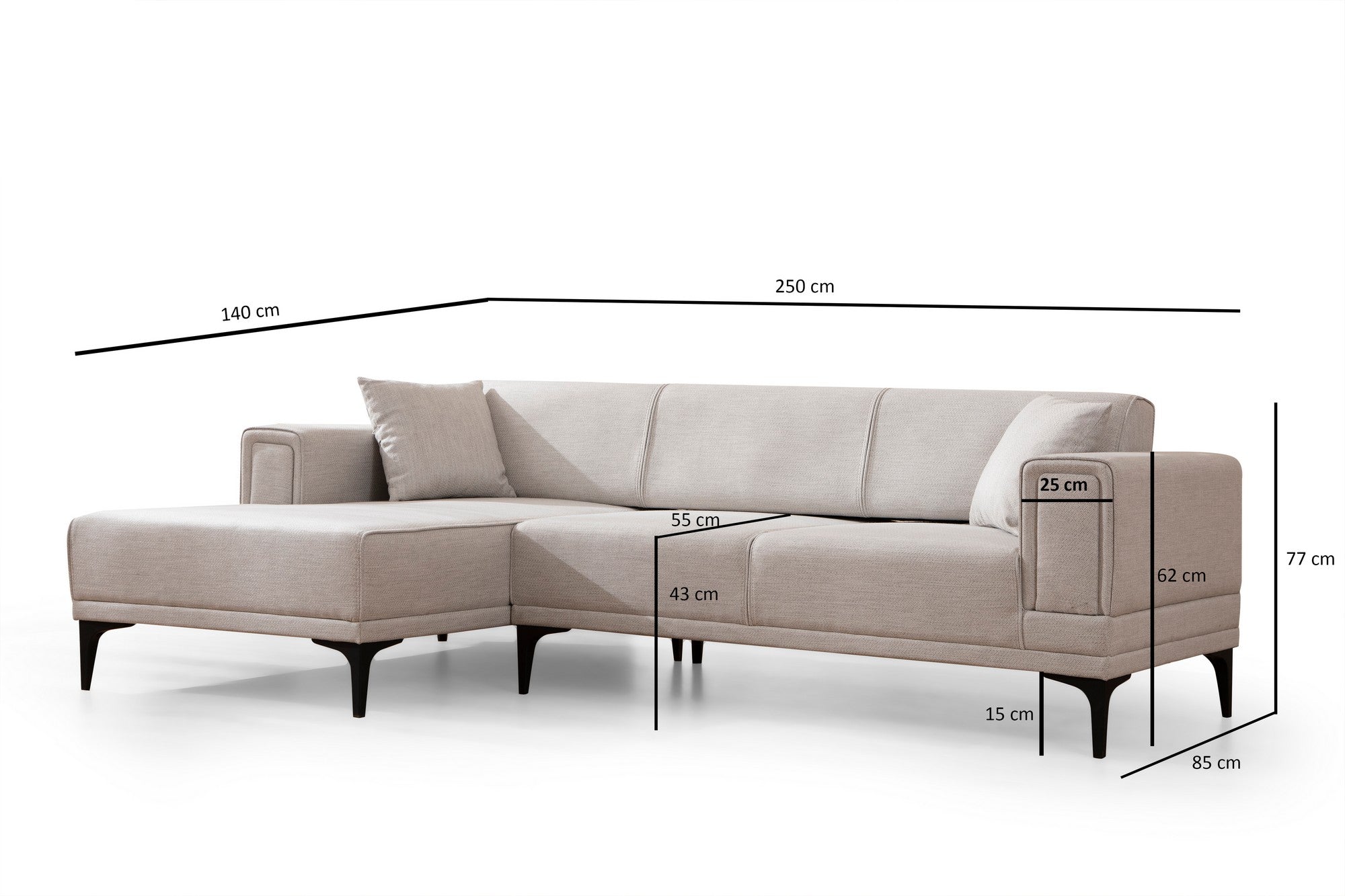 Sofá-cama de canto elegante, cru, 140x250 cm | Estrutura em madeira de faia e aglomerado, 100% poliéster, mecanismo giratório | Perfeito para espaços modernos