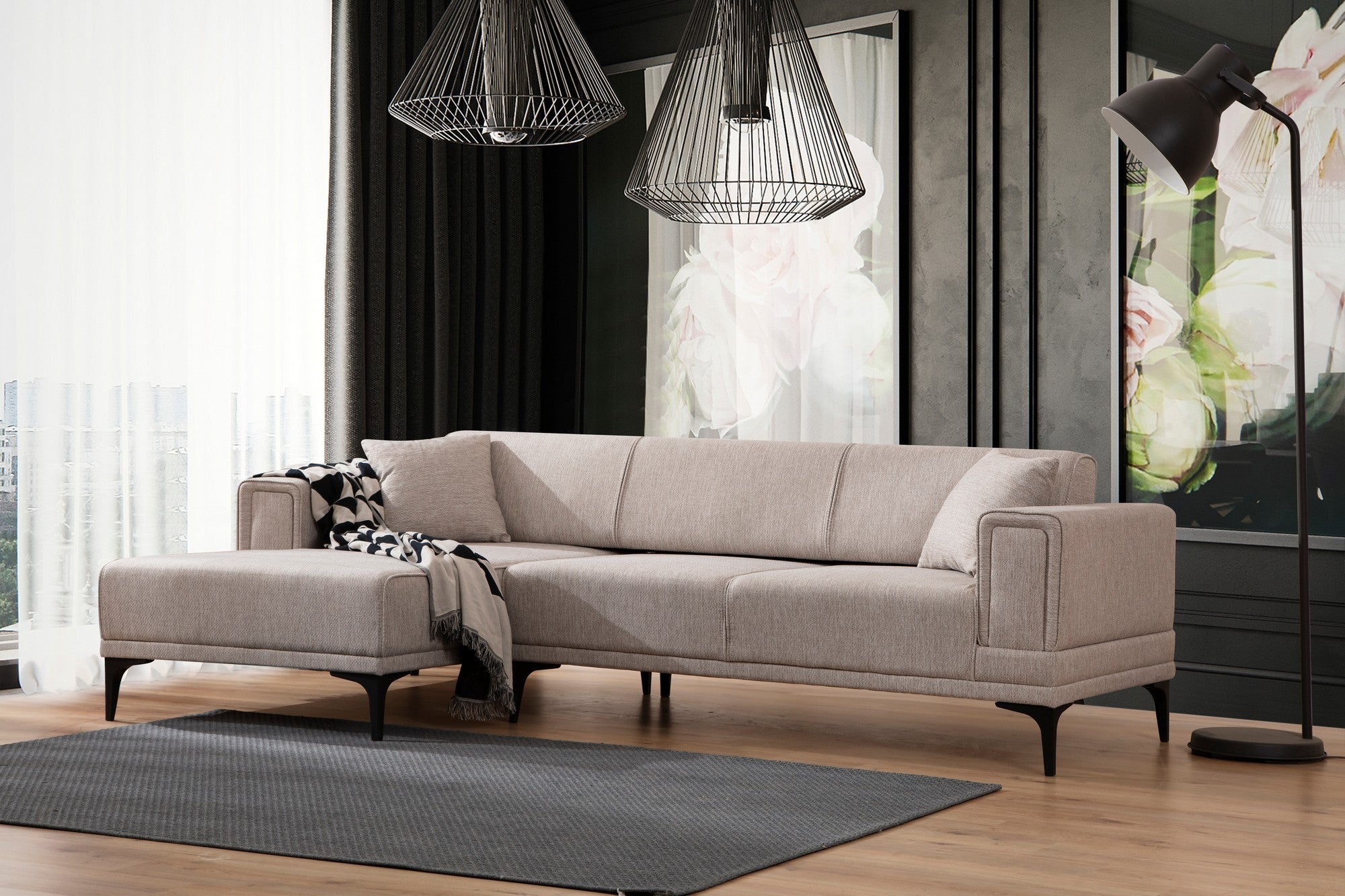 Sofá-cama de canto elegante, marrom claro, 140x250 cm | Estrutura em madeira de faia e aglomerado, 100% poliéster, mecanismo giratório | Perfeito para espaços modernos