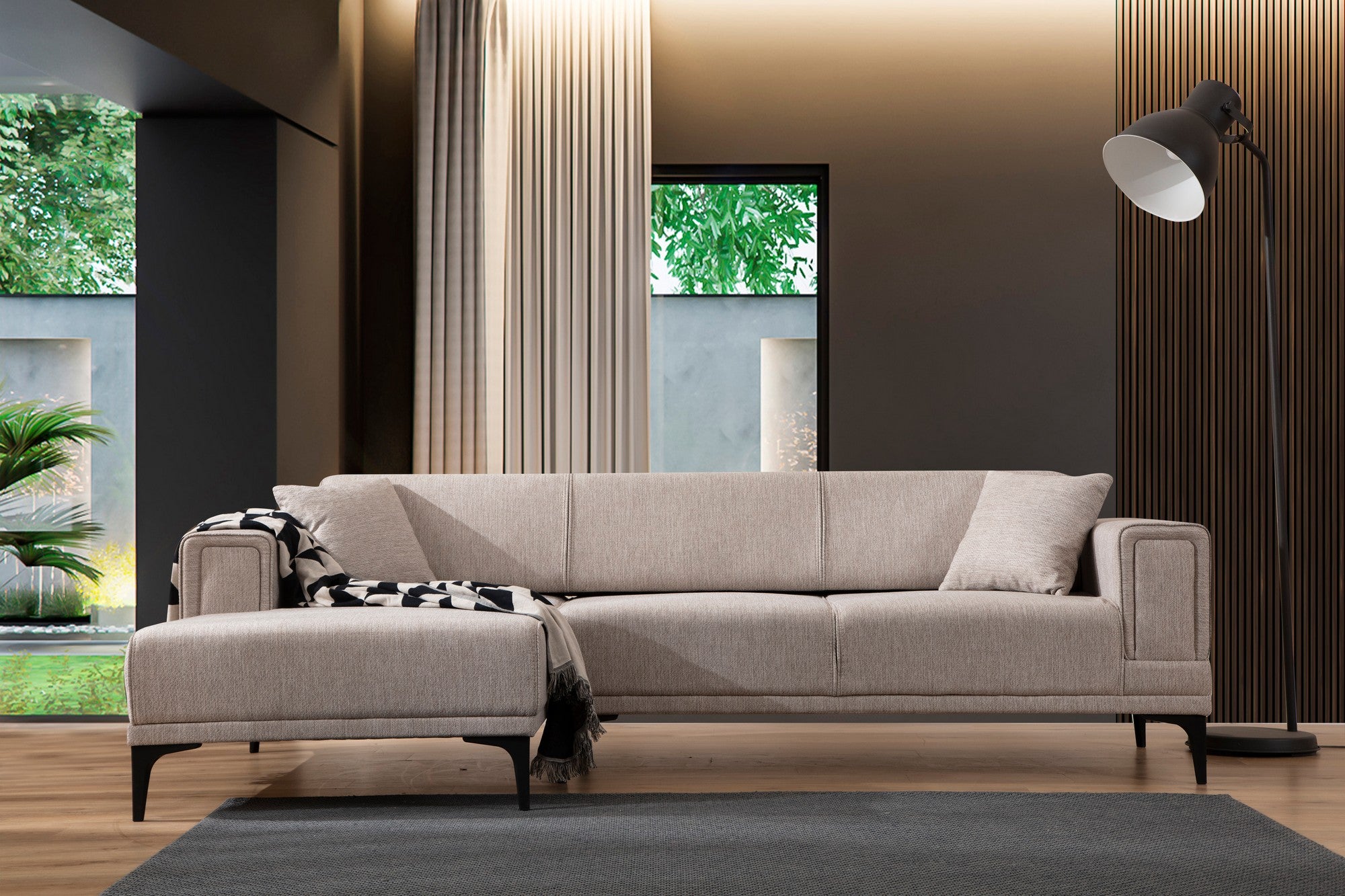 Sofá-cama de canto elegante, marrom claro, 140x250 cm | Estrutura em madeira de faia e aglomerado, 100% poliéster, mecanismo giratório | Perfeito para espaços modernos