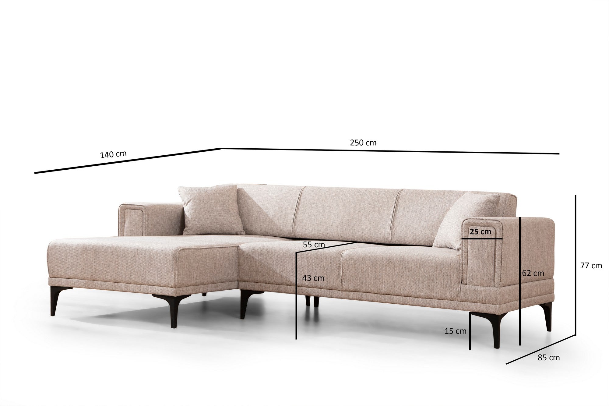 Sofá-cama de canto elegante, marrom claro, 140x250 cm | Estrutura em madeira de faia e aglomerado, 100% poliéster, mecanismo giratório | Perfeito para espaços modernos
