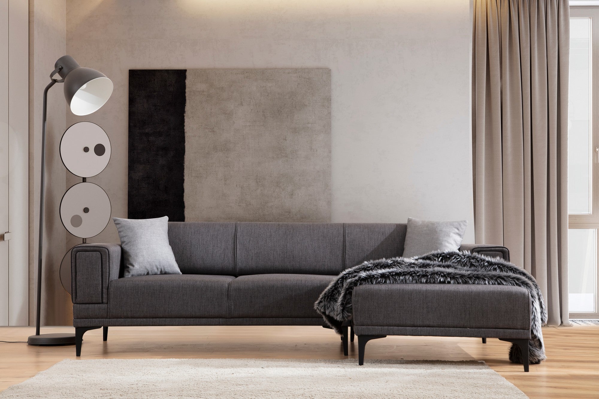 Sofá-cama de canto elegante, cinza escuro, 250x140 cm | Estrutura em madeira de faia e aglomerado, 100% poliéster | Mecanismo giratório, conforto em espuma macia, design moderno