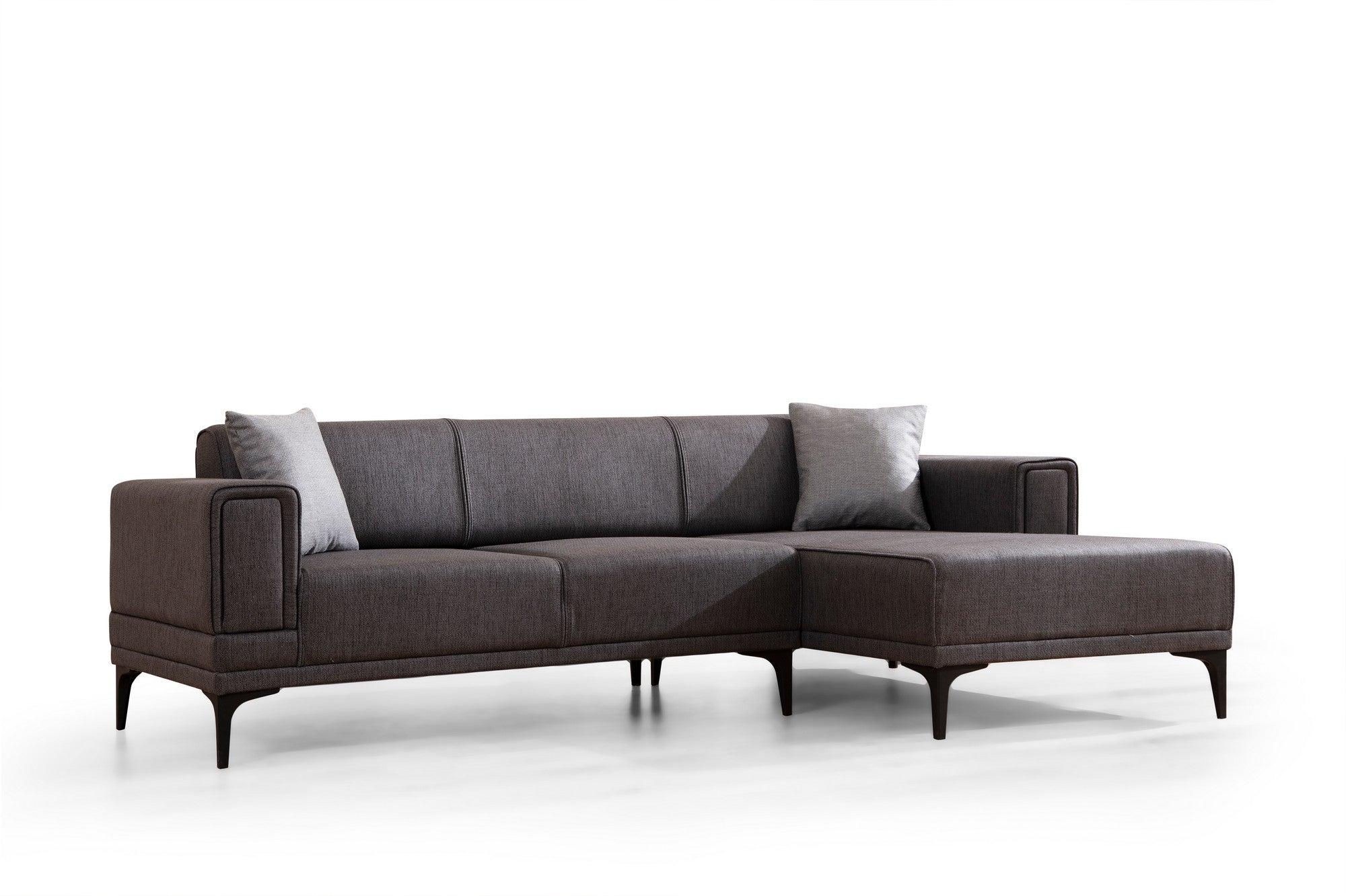 Sofá-cama de canto elegante, cinza escuro, 250x140 cm | Estrutura em madeira de faia e aglomerado, 100% poliéster | Mecanismo giratório, conforto em espuma macia, design moderno