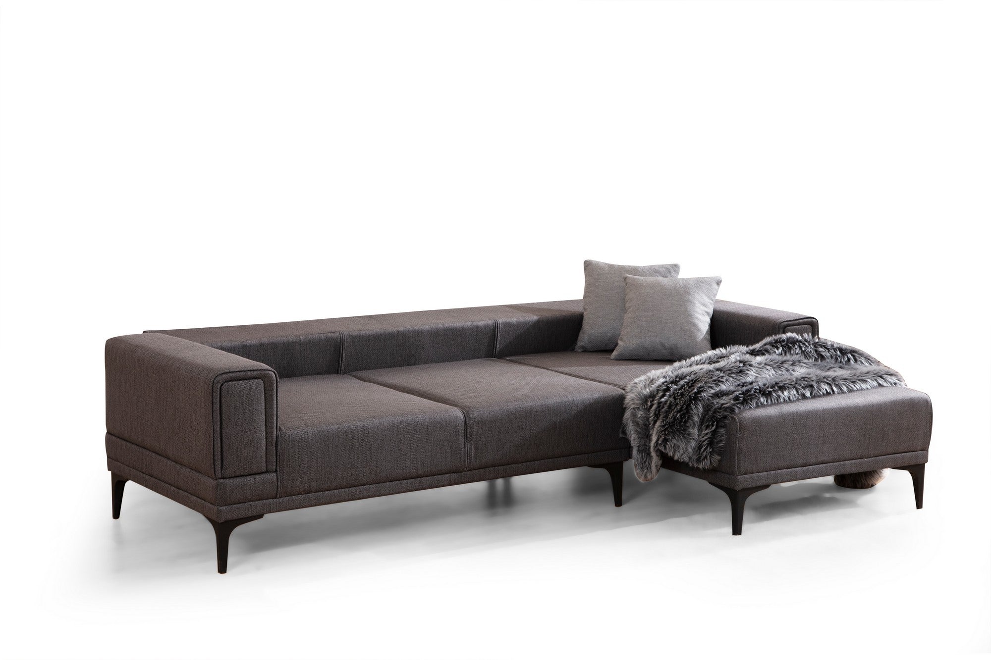 Sofá-cama de canto elegante, cinza escuro, 250x140 cm | Estrutura em madeira de faia e aglomerado, 100% poliéster | Mecanismo giratório, conforto em espuma macia, design moderno
