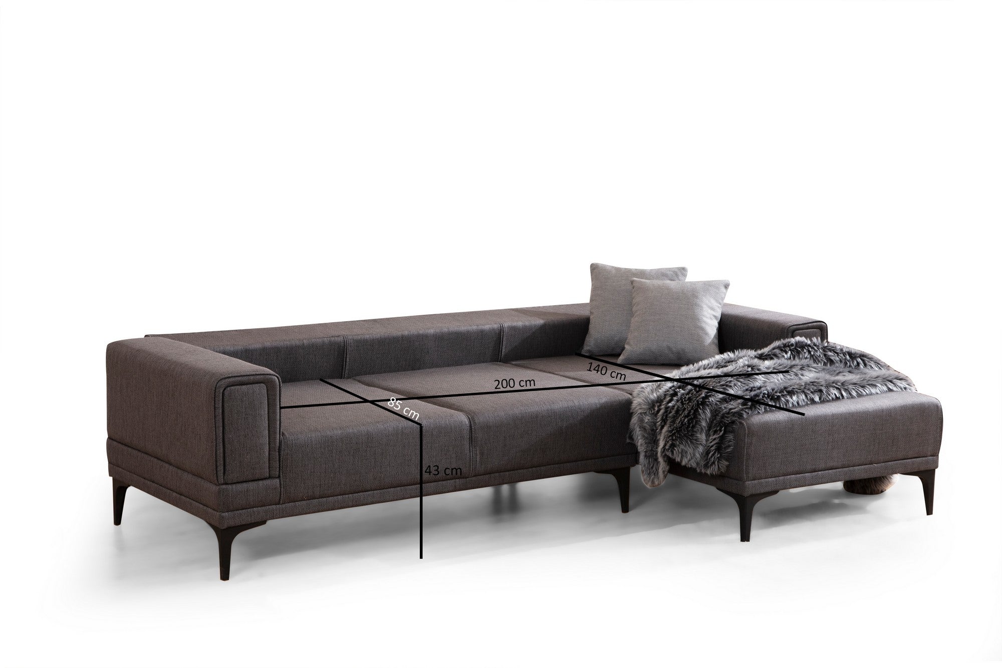 Sofá-cama de canto elegante, cinza escuro, 250x140 cm | Estrutura em madeira de faia e aglomerado, 100% poliéster | Mecanismo giratório, conforto em espuma macia, design moderno