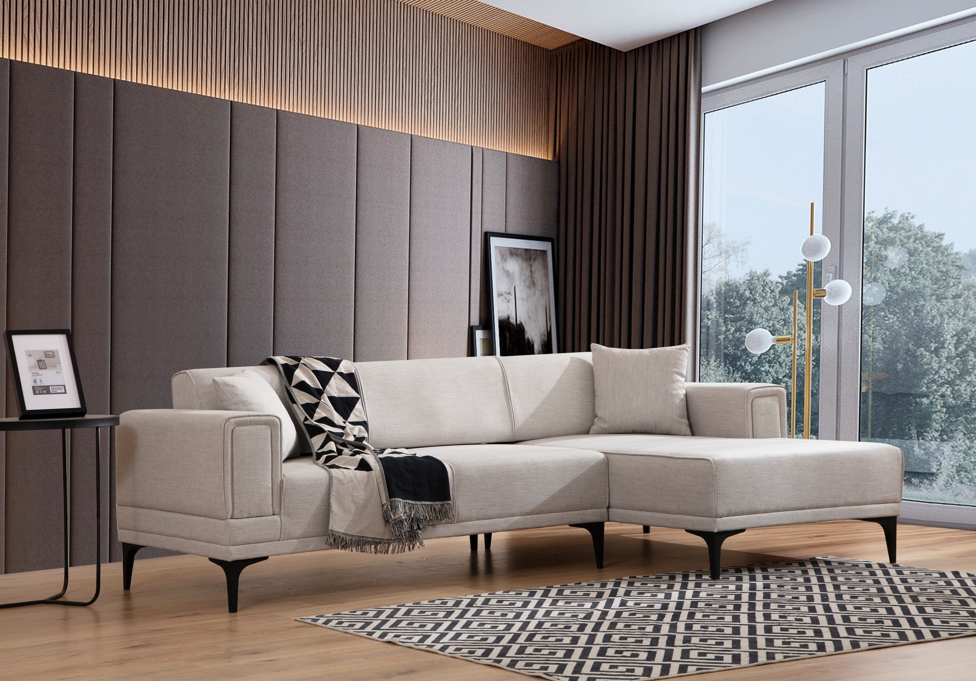 Sofá-cama de canto elegante, cru, 250x140 cm | Estrutura em madeira de faia e aglomerado, 100% poliéster | Mecanismo giratório, espuma macia, fácil de cuidar | Conforto moderno