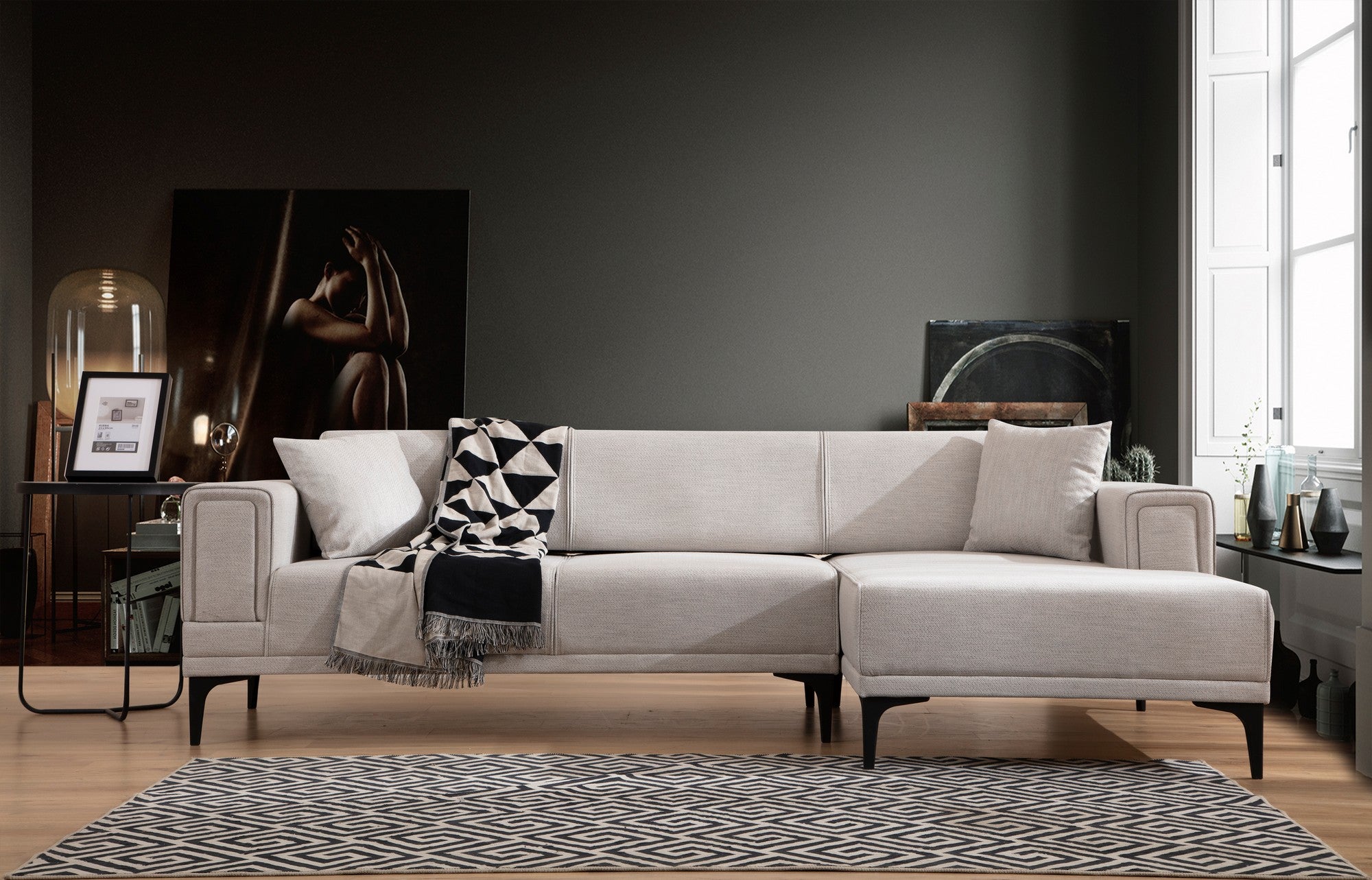 Sofá-cama de canto elegante, cru, 250x140 cm | Estrutura em madeira de faia e aglomerado, 100% poliéster | Mecanismo giratório, espuma macia, fácil de cuidar | Conforto moderno