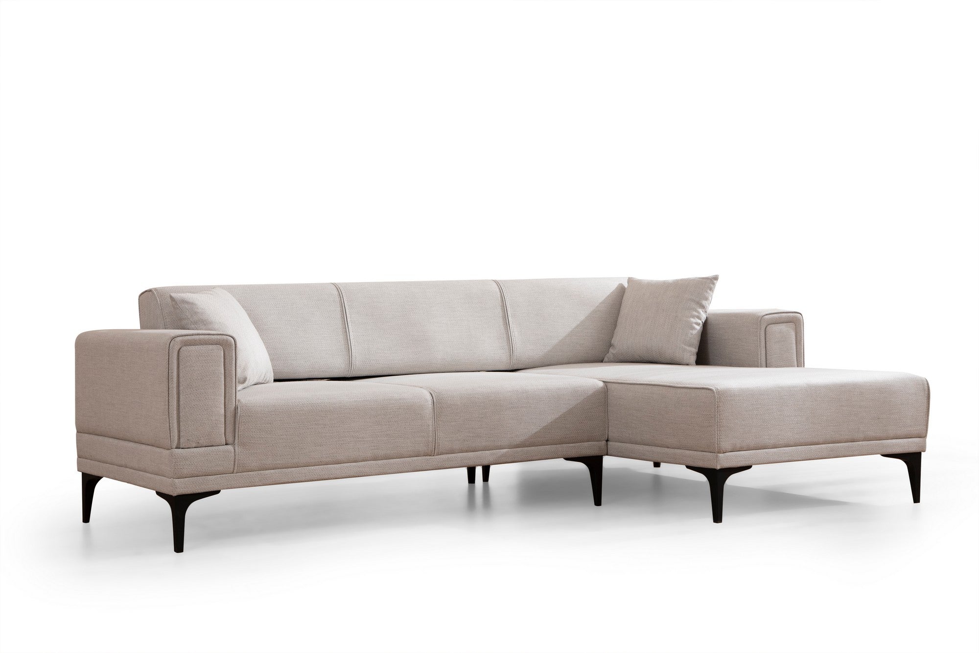 Sofá-cama de canto elegante, cru, 250x140 cm | Estrutura em madeira de faia e aglomerado, 100% poliéster | Mecanismo giratório, espuma macia, fácil de cuidar | Conforto moderno