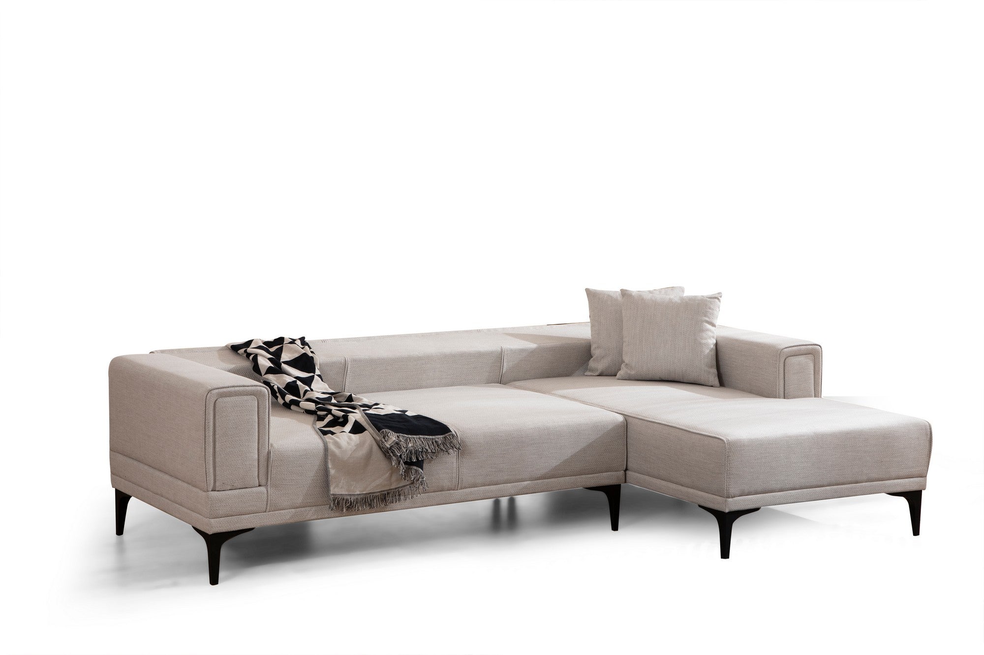 Sofá-cama de canto elegante, cru, 250x140 cm | Estrutura em madeira de faia e aglomerado, 100% poliéster | Mecanismo giratório, espuma macia, fácil de cuidar | Conforto moderno