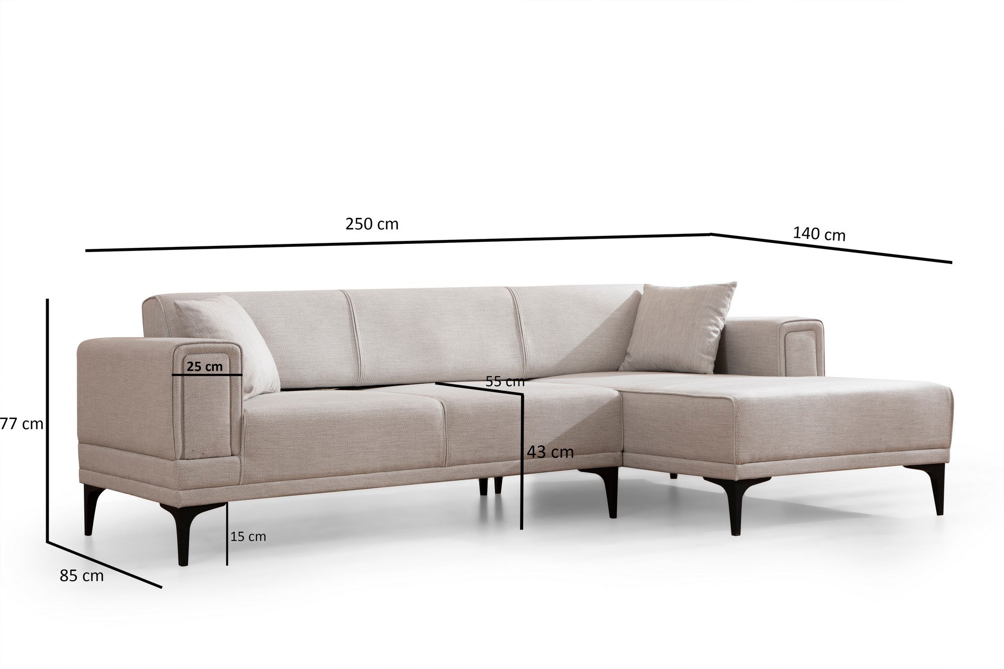 Sofá-cama de canto elegante, cru, 250x140 cm | Estrutura em madeira de faia e aglomerado, 100% poliéster | Mecanismo giratório, espuma macia, fácil de cuidar | Conforto moderno