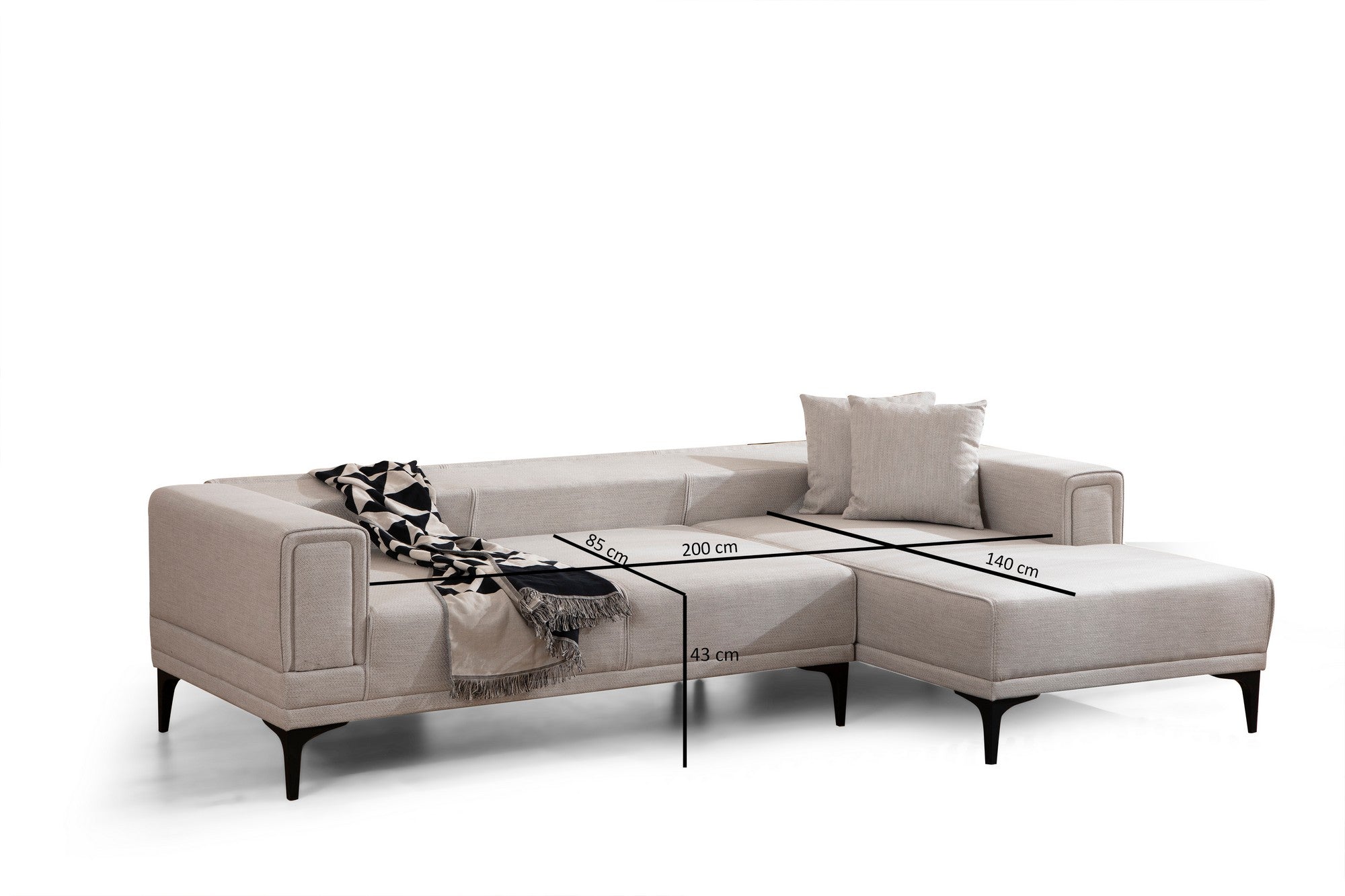 Sofá-cama de canto elegante, cru, 250x140 cm | Estrutura em madeira de faia e aglomerado, 100% poliéster | Mecanismo giratório, espuma macia, fácil de cuidar | Conforto moderno