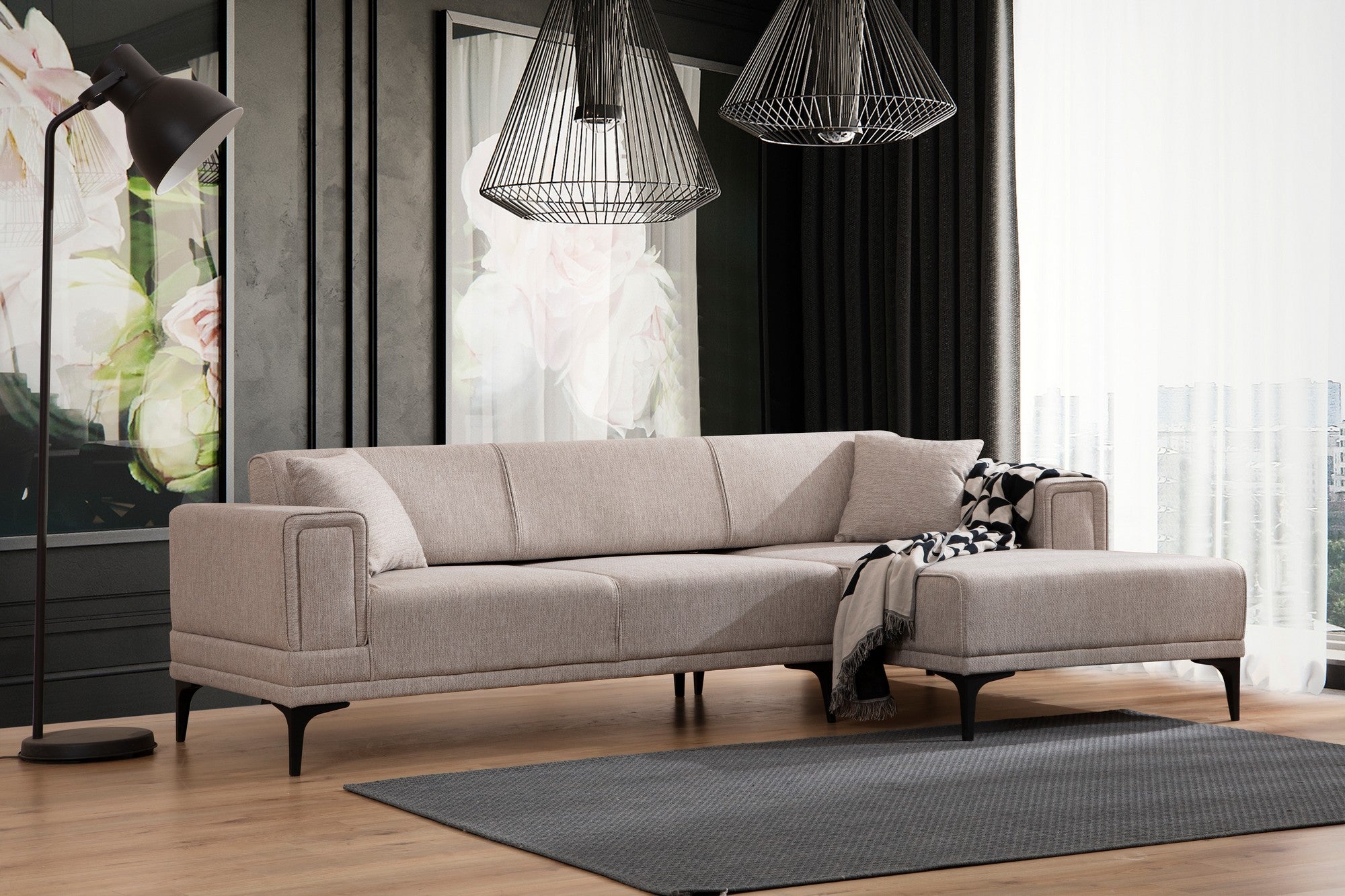Sofá-cama de canto elegante, marrom claro, 250x140 cm | Estrutura em madeira de faia e aglomerado, 100% poliéster, mecanismo giratório | Perfeito para espaços modernos