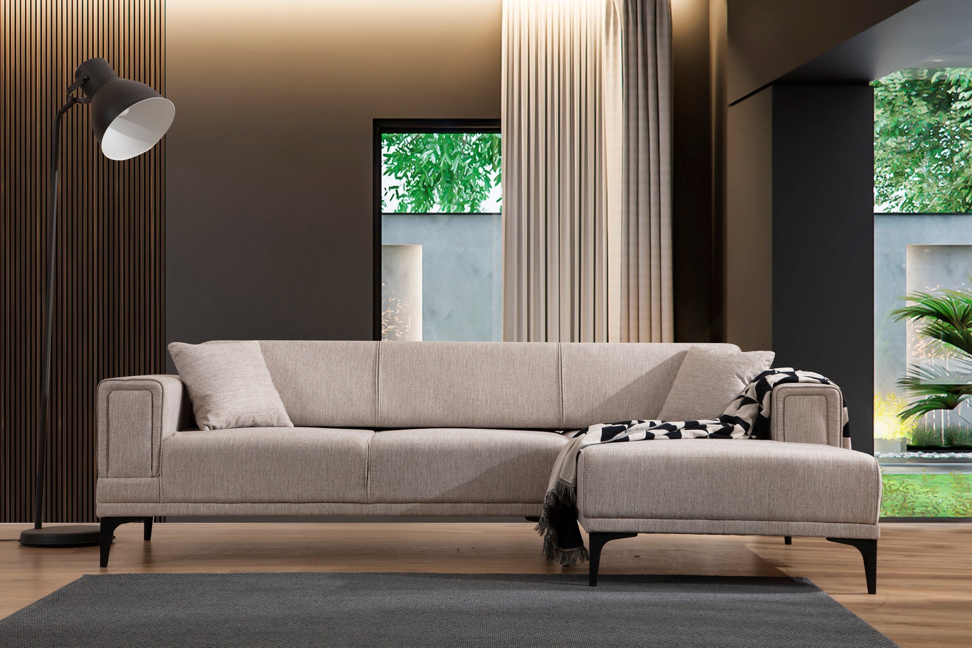 Sofá-cama de canto elegante, marrom claro, 250x140 cm | Estrutura em madeira de faia e aglomerado, 100% poliéster, mecanismo giratório | Perfeito para espaços modernos