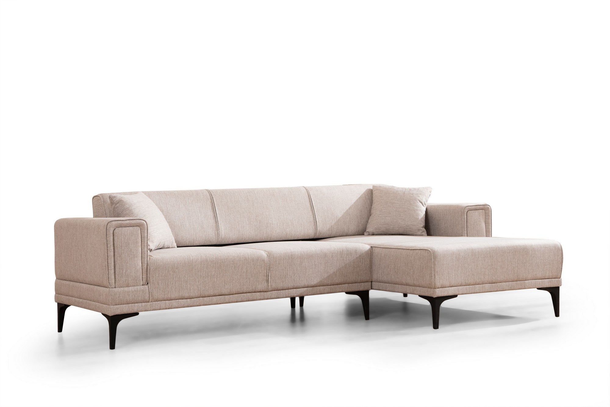 Sofá-cama de canto elegante, marrom claro, 250x140 cm | Estrutura em madeira de faia e aglomerado, 100% poliéster, mecanismo giratório | Perfeito para espaços modernos