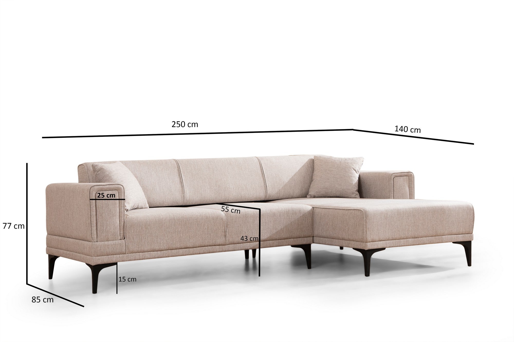 Sofá-cama de canto elegante, marrom claro, 250x140 cm | Estrutura em madeira de faia e aglomerado, 100% poliéster, mecanismo giratório | Perfeito para espaços modernos