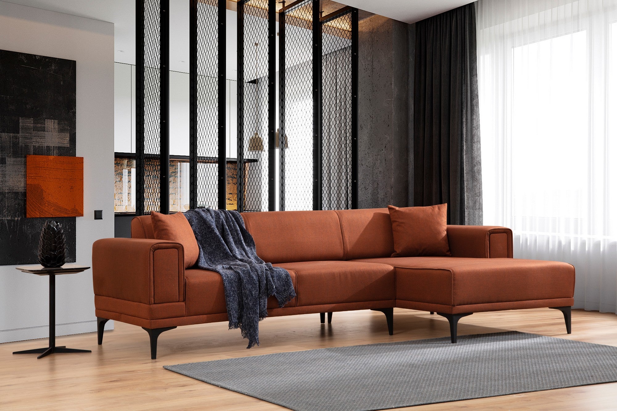 Sofá-cama de canto elegante, vermelho-azulejo, 250x140 cm | Estrutura em madeira de faia e aglomerado, 100% poliéster | Mecanismo giratório, conforto em espuma macia, design moderno