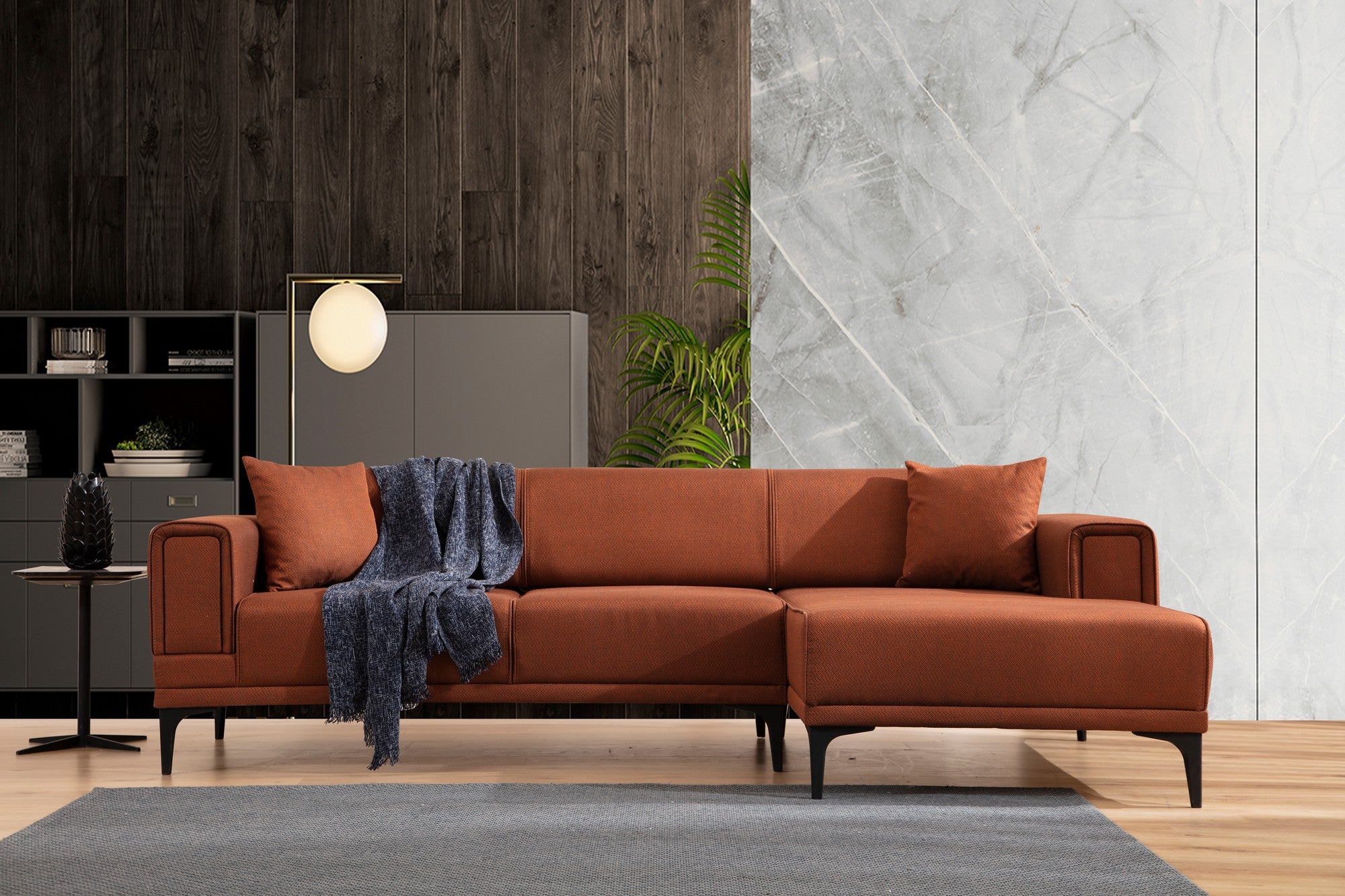 Sofá-cama de canto elegante, vermelho-azulejo, 250x140 cm | Estrutura em madeira de faia e aglomerado, 100% poliéster | Mecanismo giratório, conforto em espuma macia, design moderno