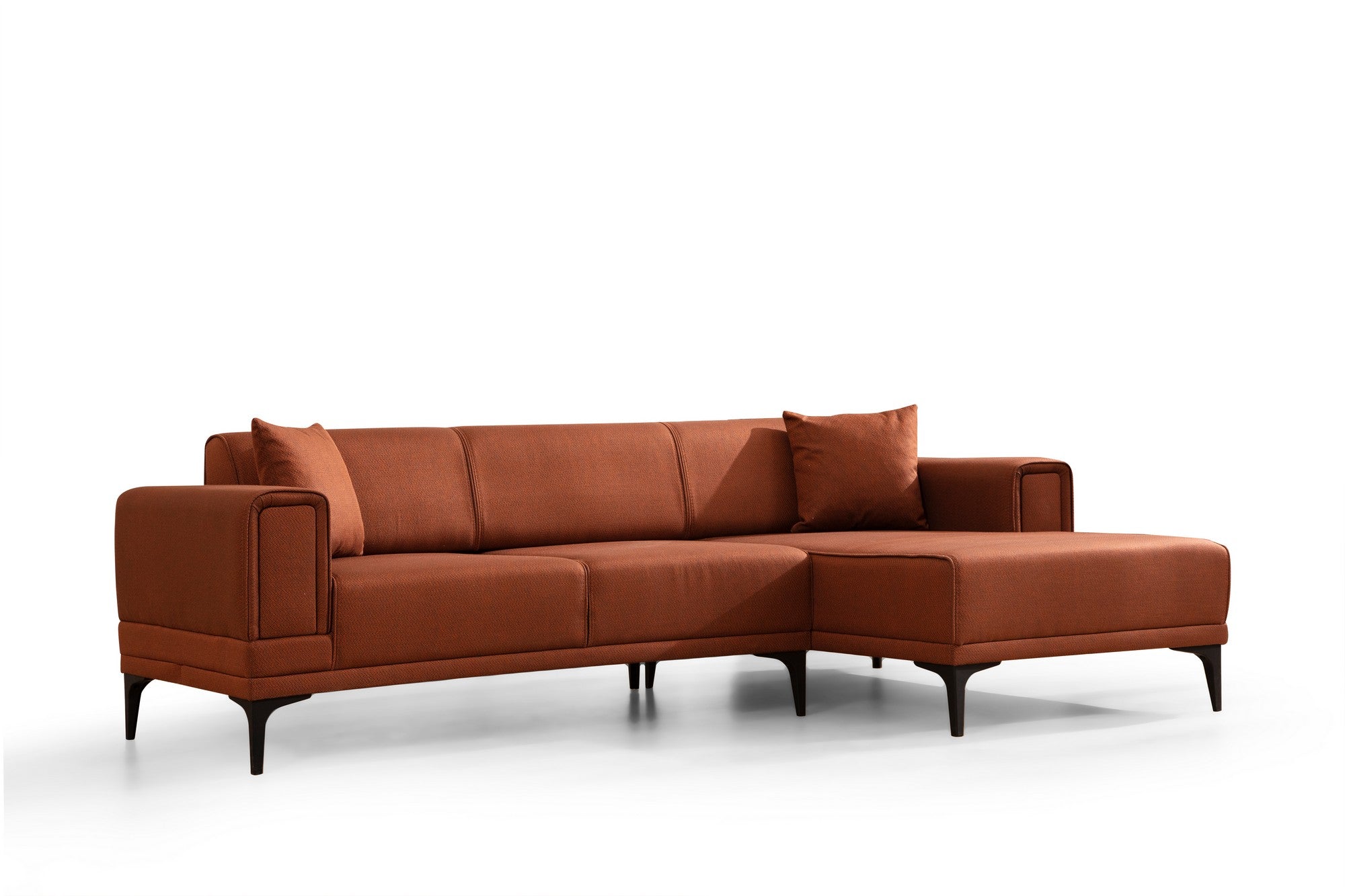 Sofá-cama de canto elegante, vermelho-azulejo, 250x140 cm | Estrutura em madeira de faia e aglomerado, 100% poliéster | Mecanismo giratório, conforto em espuma macia, design moderno