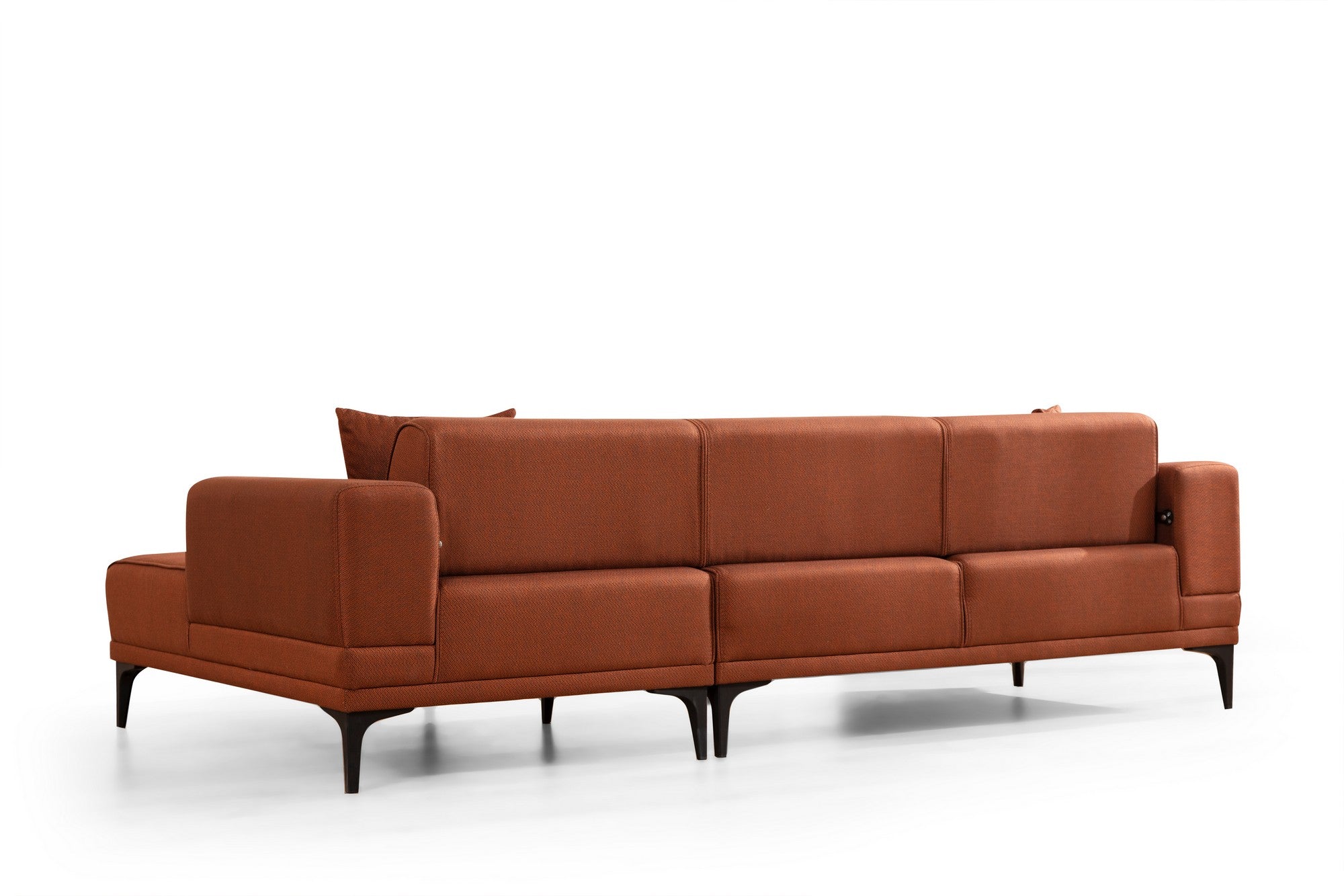 Sofá-cama de canto elegante, vermelho-azulejo, 250x140 cm | Estrutura em madeira de faia e aglomerado, 100% poliéster | Mecanismo giratório, conforto em espuma macia, design moderno