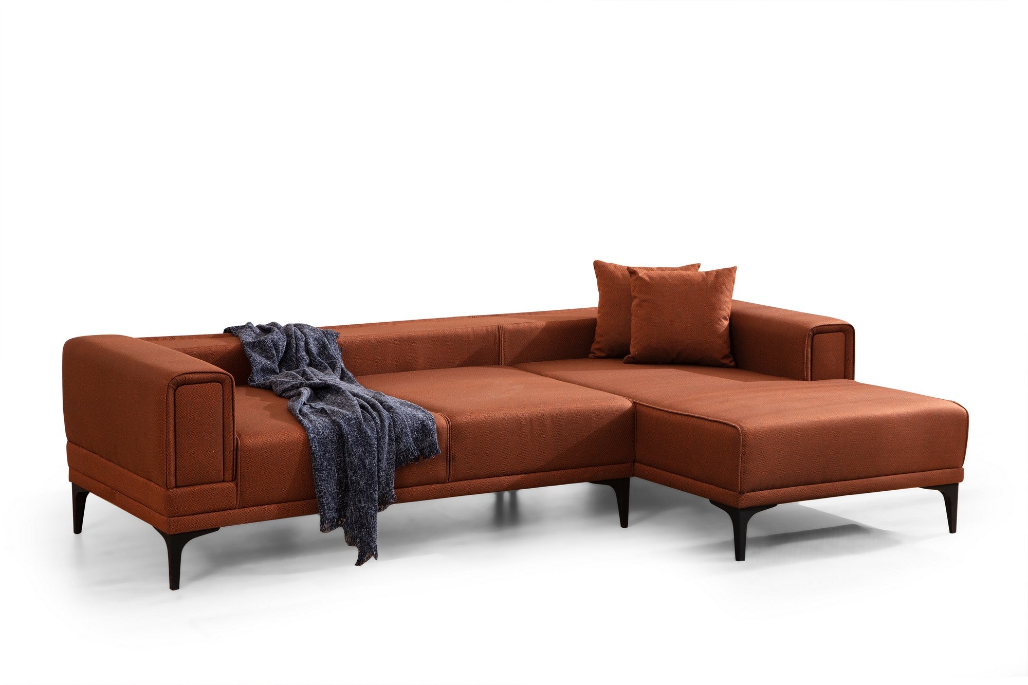 Sofá-cama de canto elegante, vermelho-azulejo, 250x140 cm | Estrutura em madeira de faia e aglomerado, 100% poliéster | Mecanismo giratório, conforto em espuma macia, design moderno