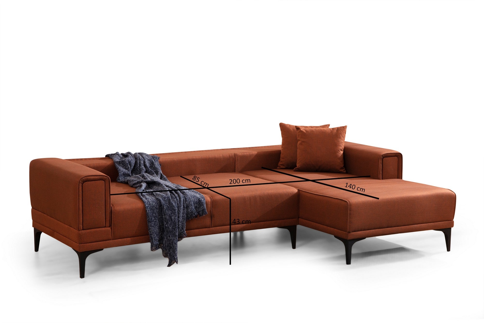 Sofá-cama de canto elegante, vermelho-azulejo, 250x140 cm | Estrutura em madeira de faia e aglomerado, 100% poliéster | Mecanismo giratório, conforto em espuma macia, design moderno