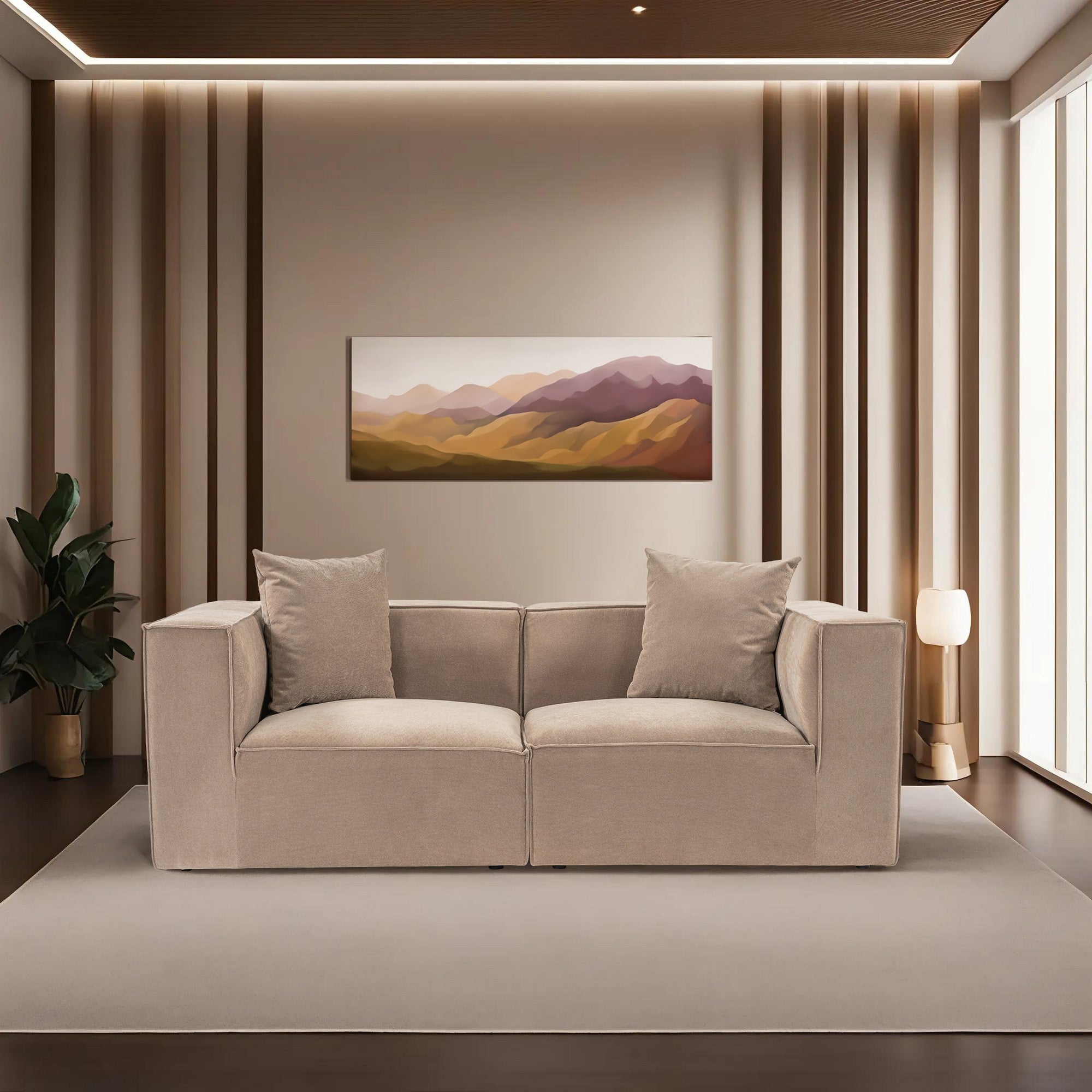 Sofá Cappuccino de 2 lugares, 190 x 95 x 65 cm | Estrutura 100% madeira de carpa, tecido 100% linho, espuma 32 DNS | Elegante e confortável para espaços de convivência modernos