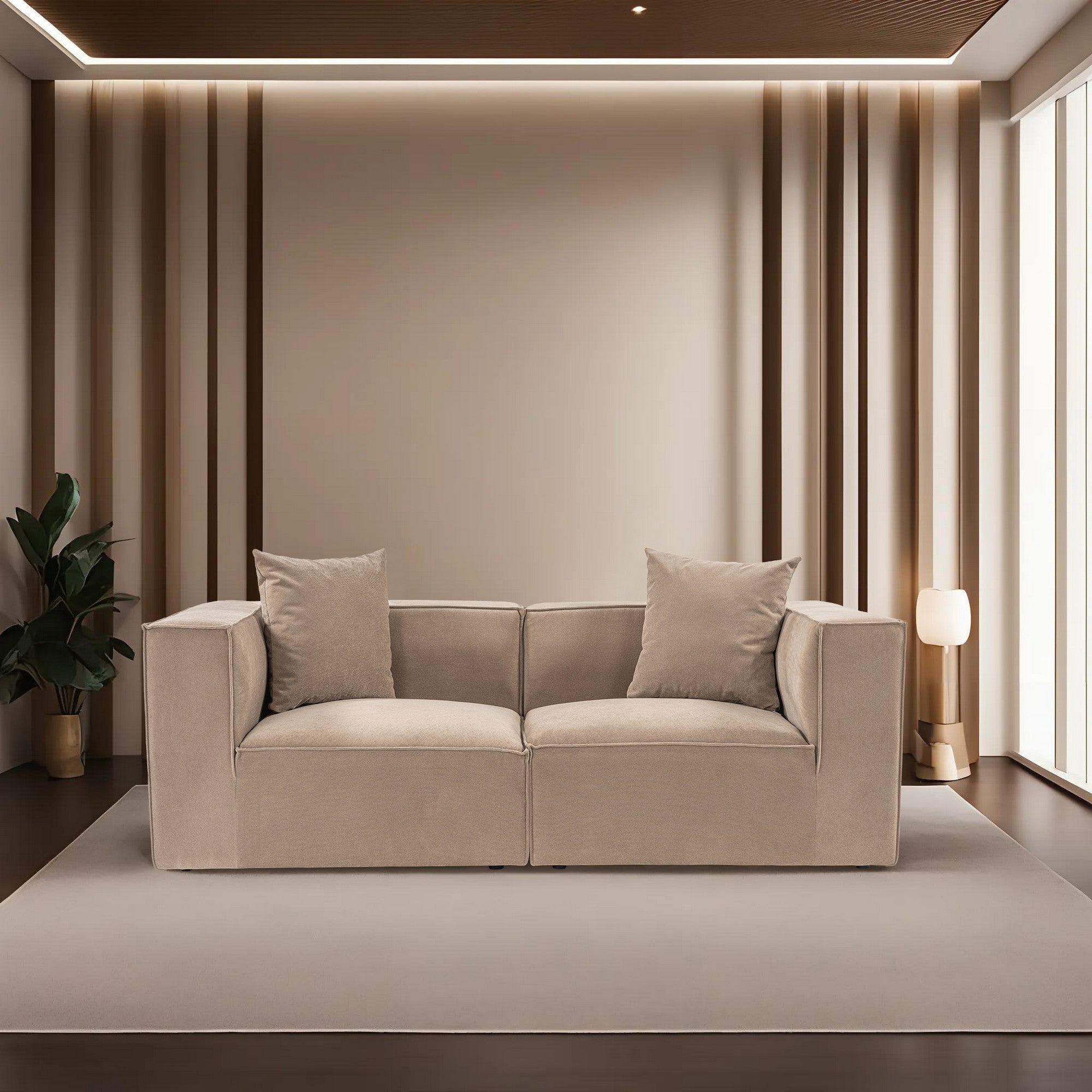 Sofá Cappuccino de 2 lugares, 190 x 95 x 65 cm | Estrutura 100% madeira de carpa, tecido 100% linho, espuma 32 DNS | Elegante e confortável para espaços de convivência modernos