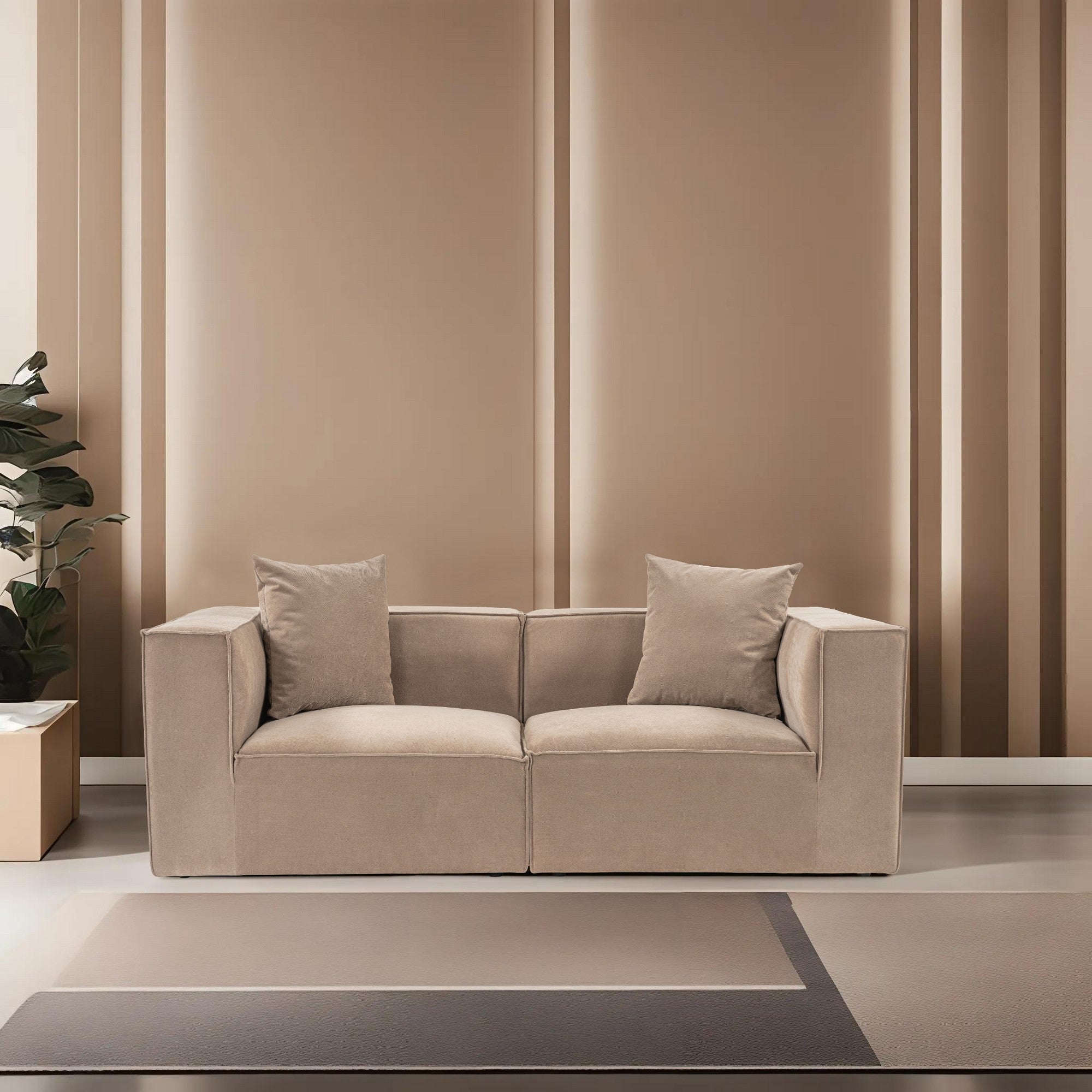 Sofá Cappuccino de 2 lugares, 190 x 95 x 65 cm | Estrutura 100% madeira de carpa, tecido 100% linho, espuma 32 DNS | Elegante e confortável para espaços de convivência modernos