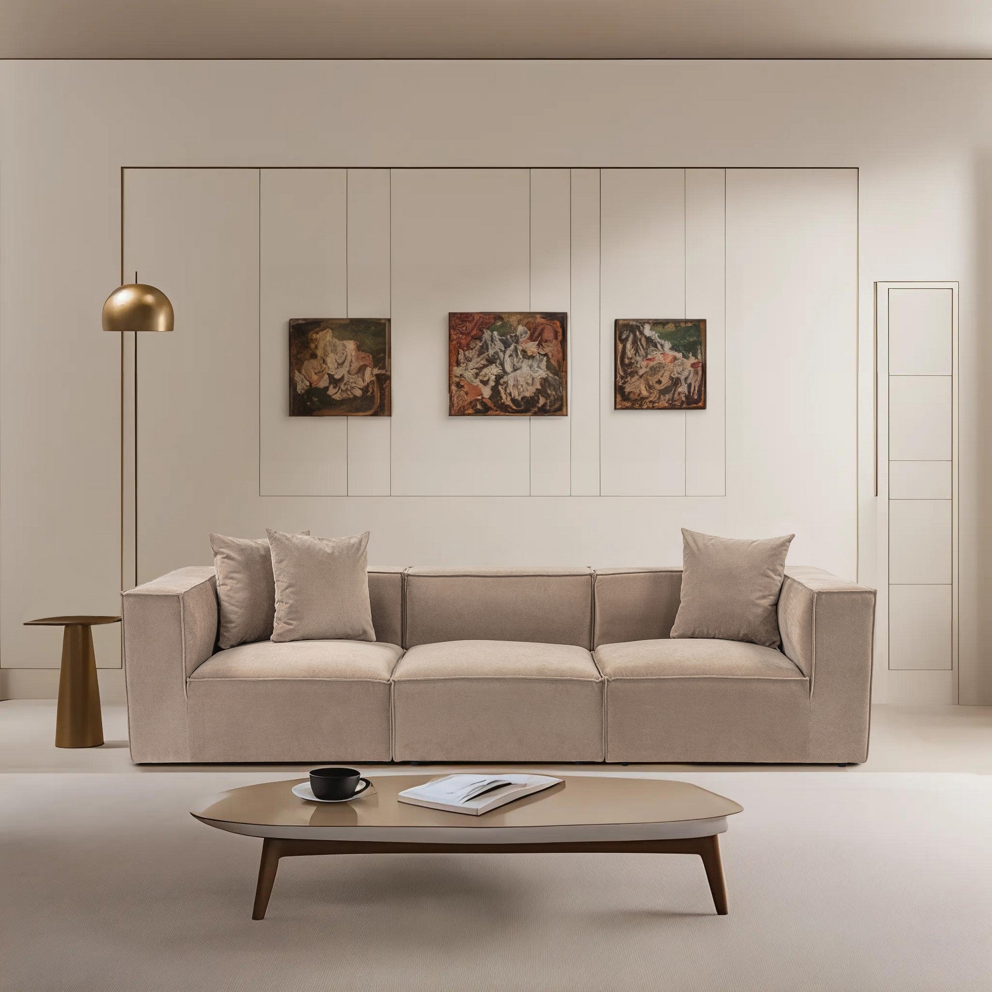 Sofá elegante de 3 lugares, cappuccino, 270 x 65 x 95 cm | Estrutura 100% madeira de carpa, tecido 100% linho, espuma 32 DNS | Elegante e confortável para salas de estar modernas