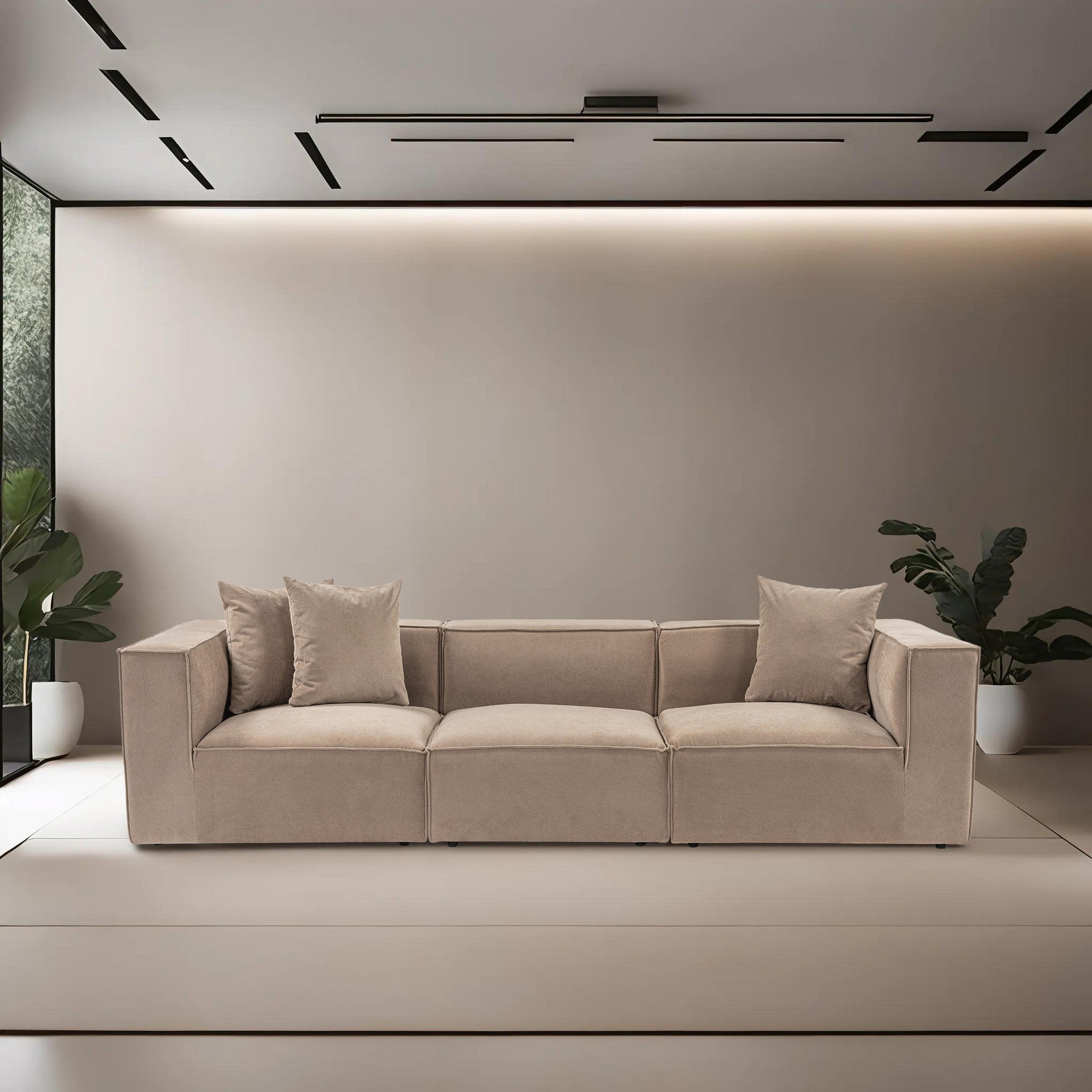 Sofá elegante de 3 lugares, cappuccino, 270 x 65 x 95 cm | Estrutura 100% madeira de carpa, tecido 100% linho, espuma 32 DNS | Elegante e confortável para salas de estar modernas