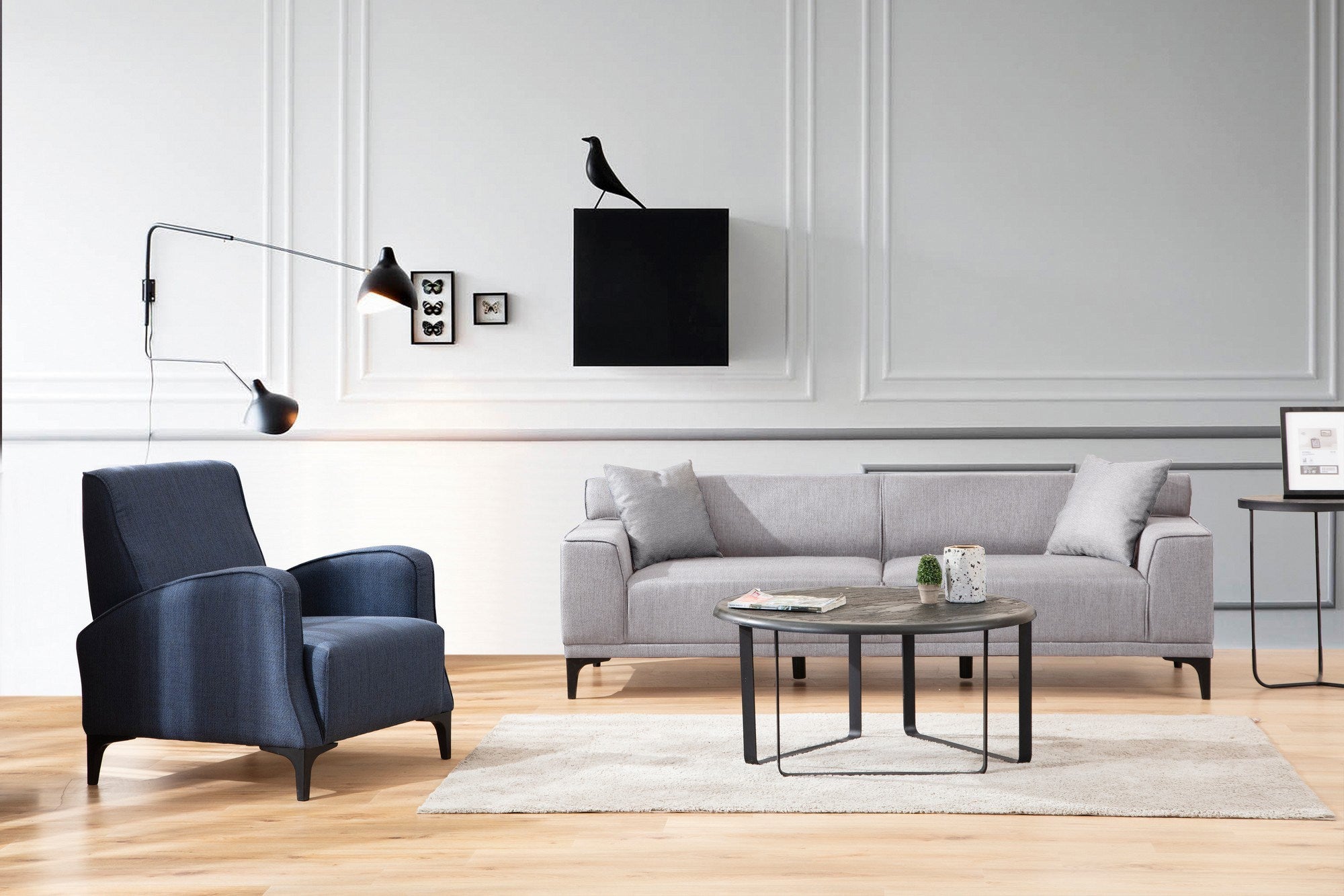 Sofá elegante de 3 lugares, cinza claro, 215 cm | Estrutura em madeira de faia e aglomerado, 100% poliéster, almofadas fixas, 2 travesseiros incluídos | Conforto moderno para sala de estar