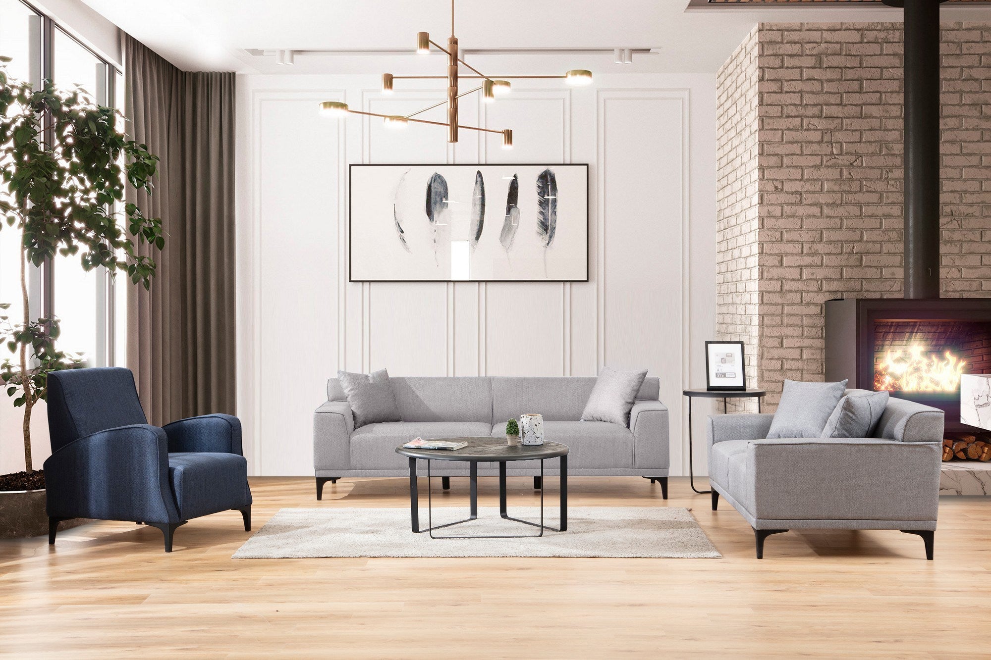 Sofá elegante de 3 lugares, cinza claro, 215 cm | Estrutura em madeira de faia e aglomerado, 100% poliéster, almofadas fixas, 2 travesseiros incluídos | Conforto moderno para sala de estar