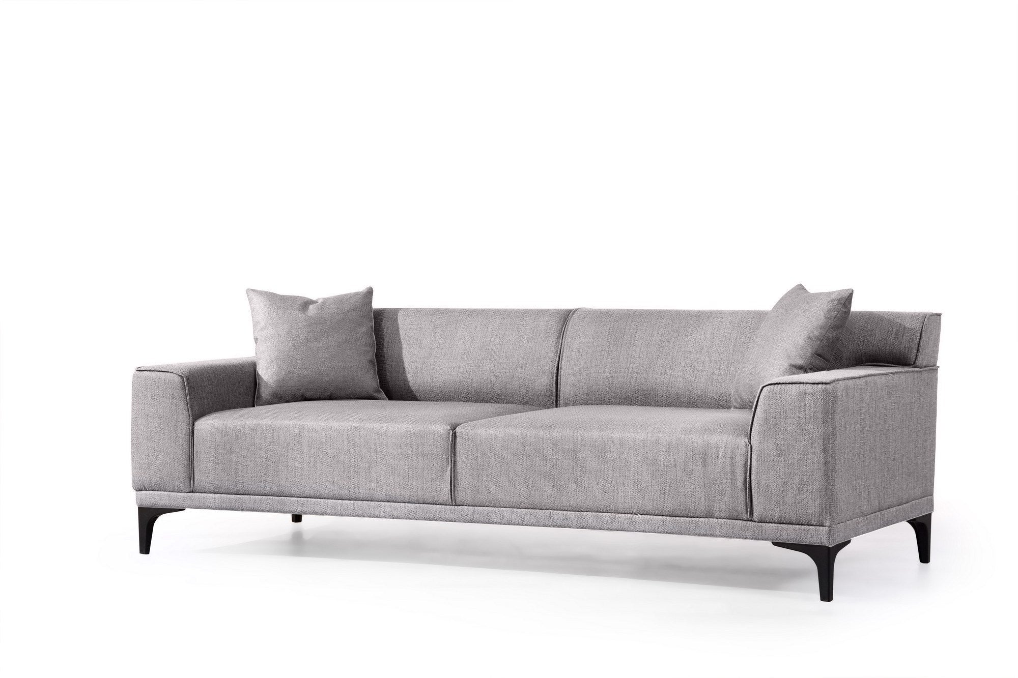 Sofá elegante de 3 lugares, cinza claro, 215 cm | Estrutura em madeira de faia e aglomerado, 100% poliéster, almofadas fixas, 2 travesseiros incluídos | Conforto moderno para sala de estar