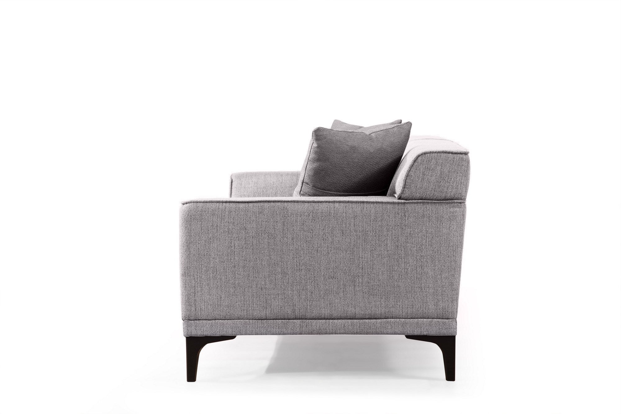 Sofá elegante de 3 lugares, cinza claro, 215 cm | Estrutura em madeira de faia e aglomerado, 100% poliéster, almofadas fixas, 2 travesseiros incluídos | Conforto moderno para sala de estar
