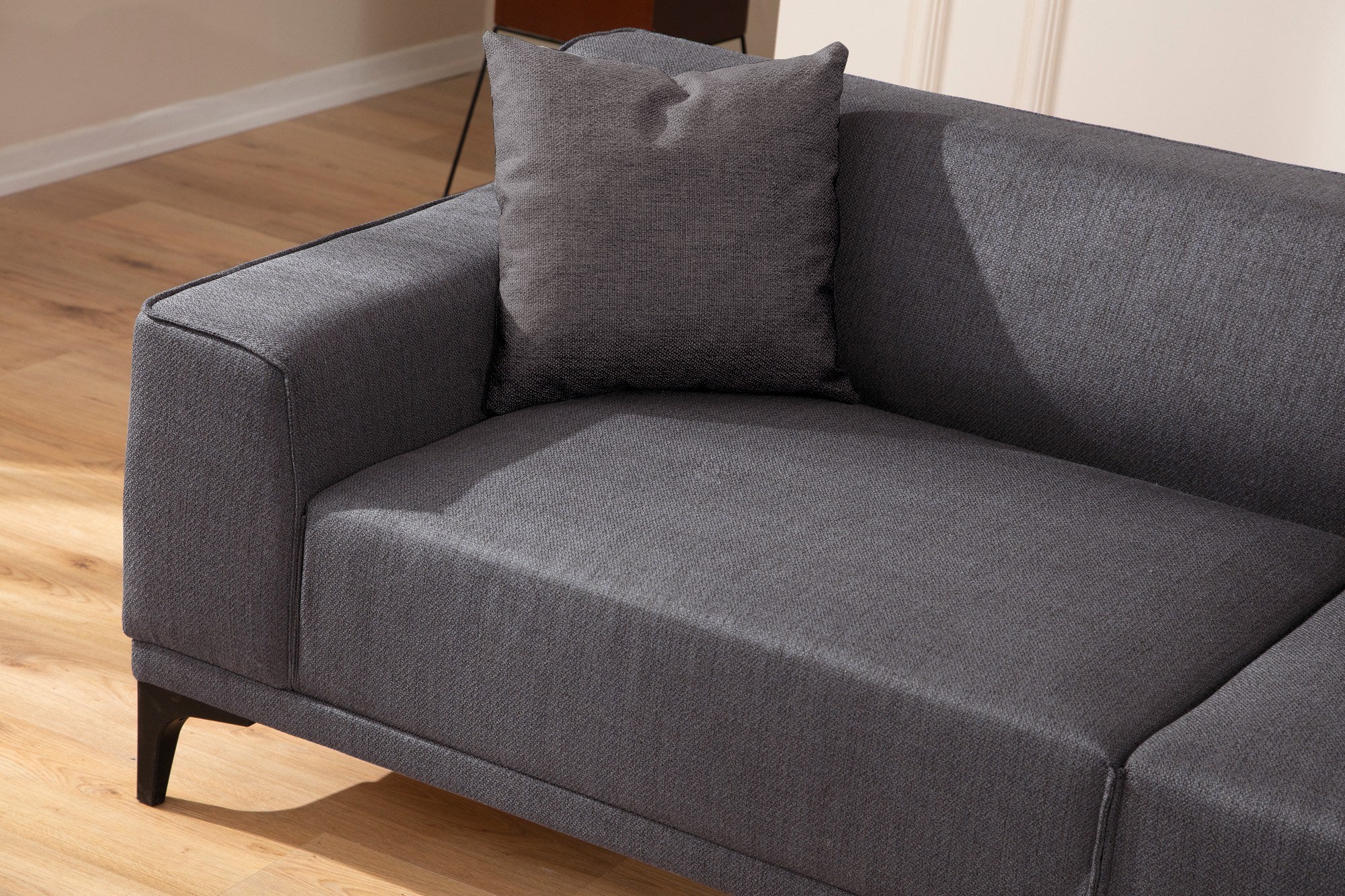 Sofá elegante de 3 lugares, antracite, 215 x 87 x 86 cm | Estrutura em madeira de faia e aglomerado, 100% poliéster, inclui 2 almofadas | Design durável e confortável para uma vida moderna