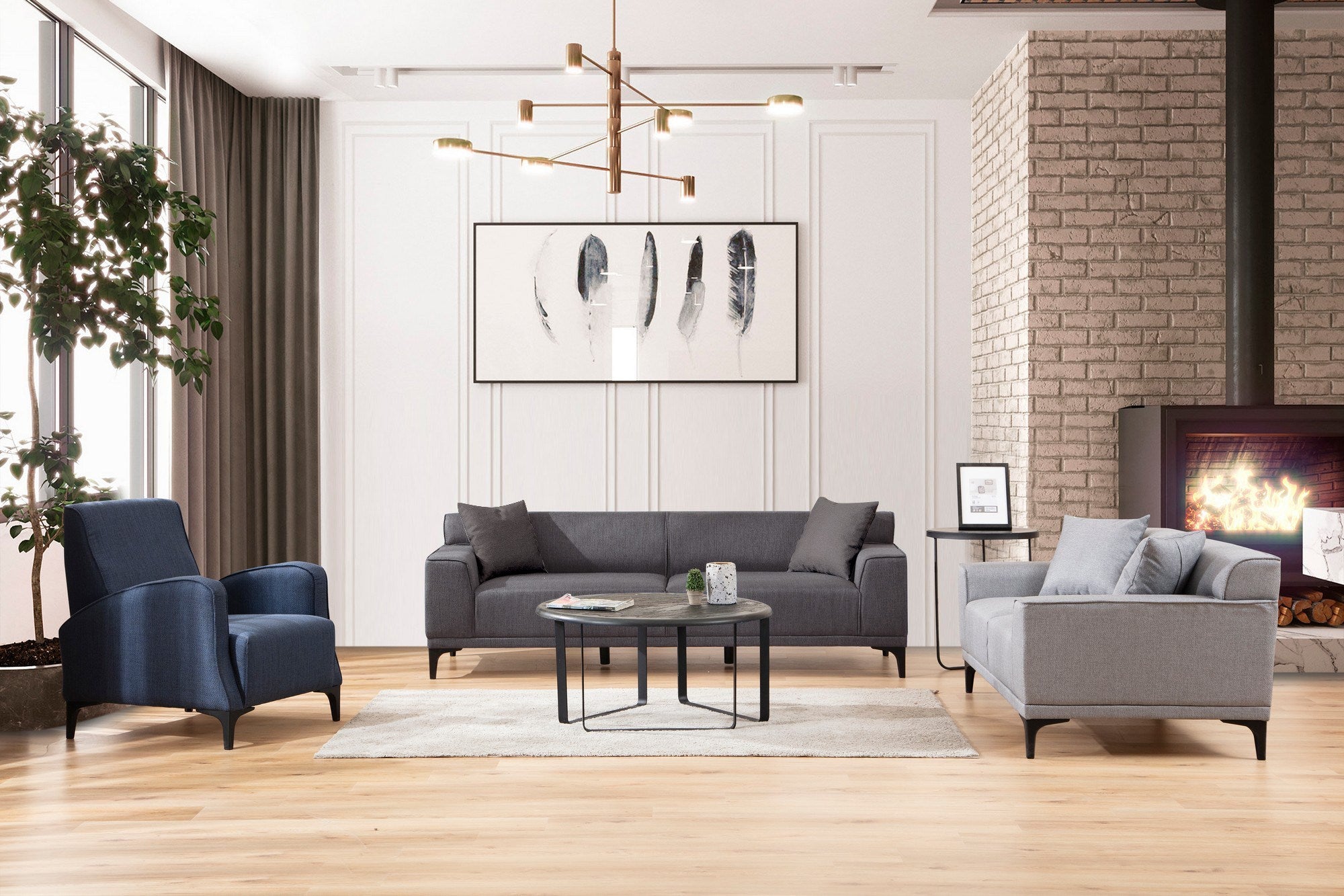 Sofá elegante de 3 lugares, antracite, 215 x 87 x 86 cm | Estrutura em madeira de faia e aglomerado, 100% poliéster, inclui 2 almofadas | Design durável e confortável para uma vida moderna