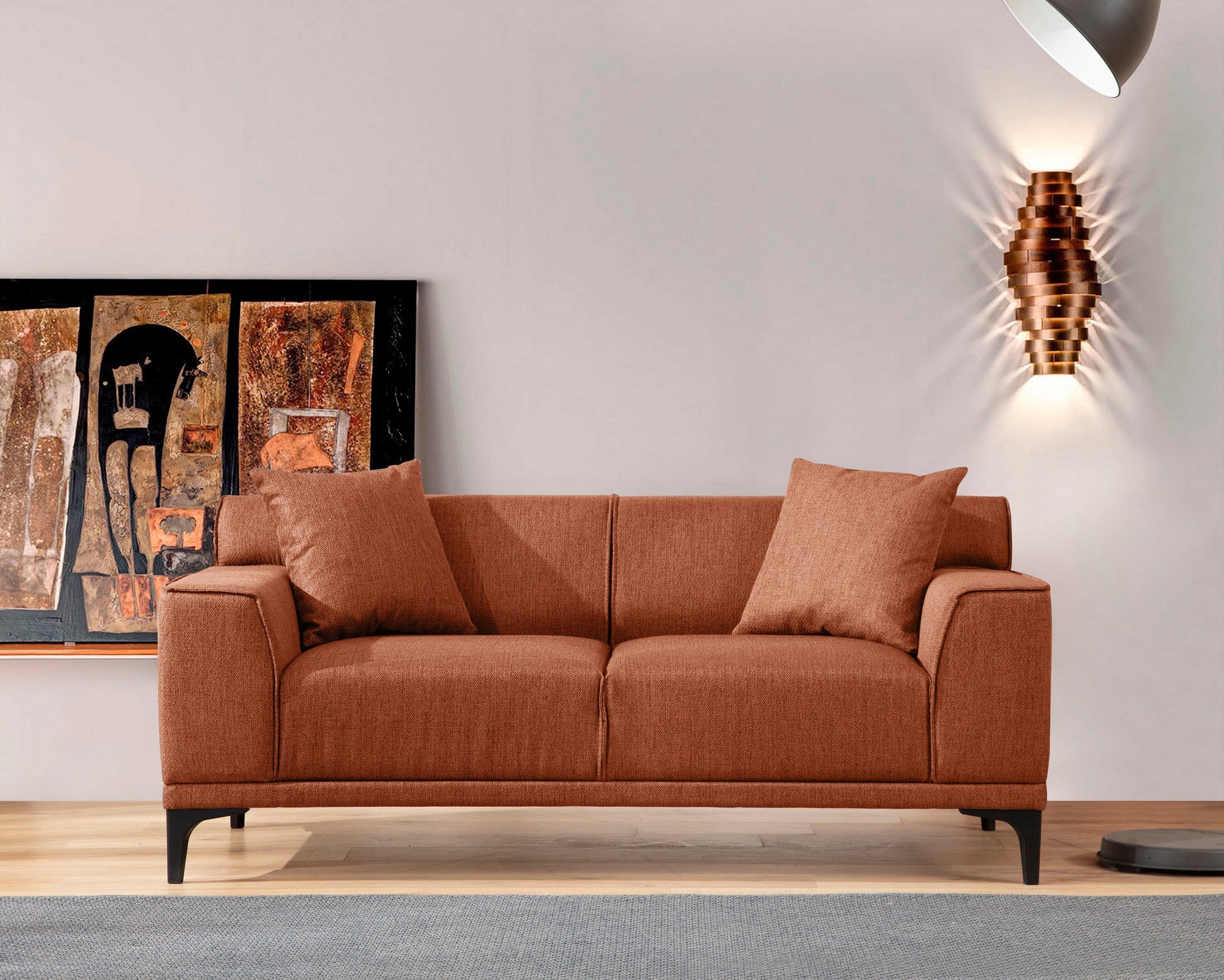 Sofá elegante de 2 lugares, laranja, 165 x 87 x 86 cm | Estrutura em madeira de faia e aglomerado, 100% poliéster, inclui 2 almofadas | Design confortável e moderno