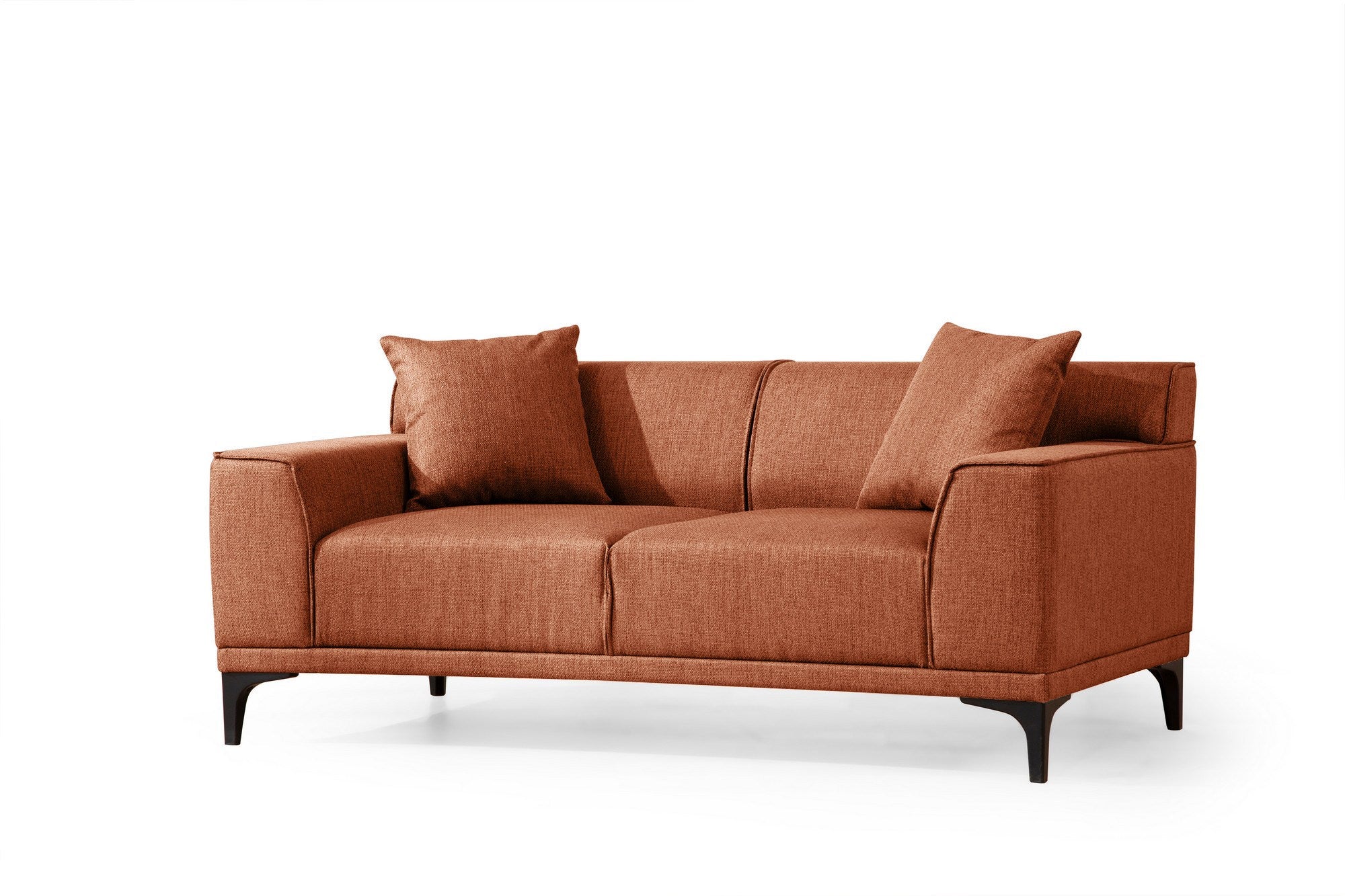 Sofá elegante de 2 lugares, laranja, 165 x 87 x 86 cm | Estrutura em madeira de faia e aglomerado, 100% poliéster, inclui 2 almofadas | Design confortável e moderno