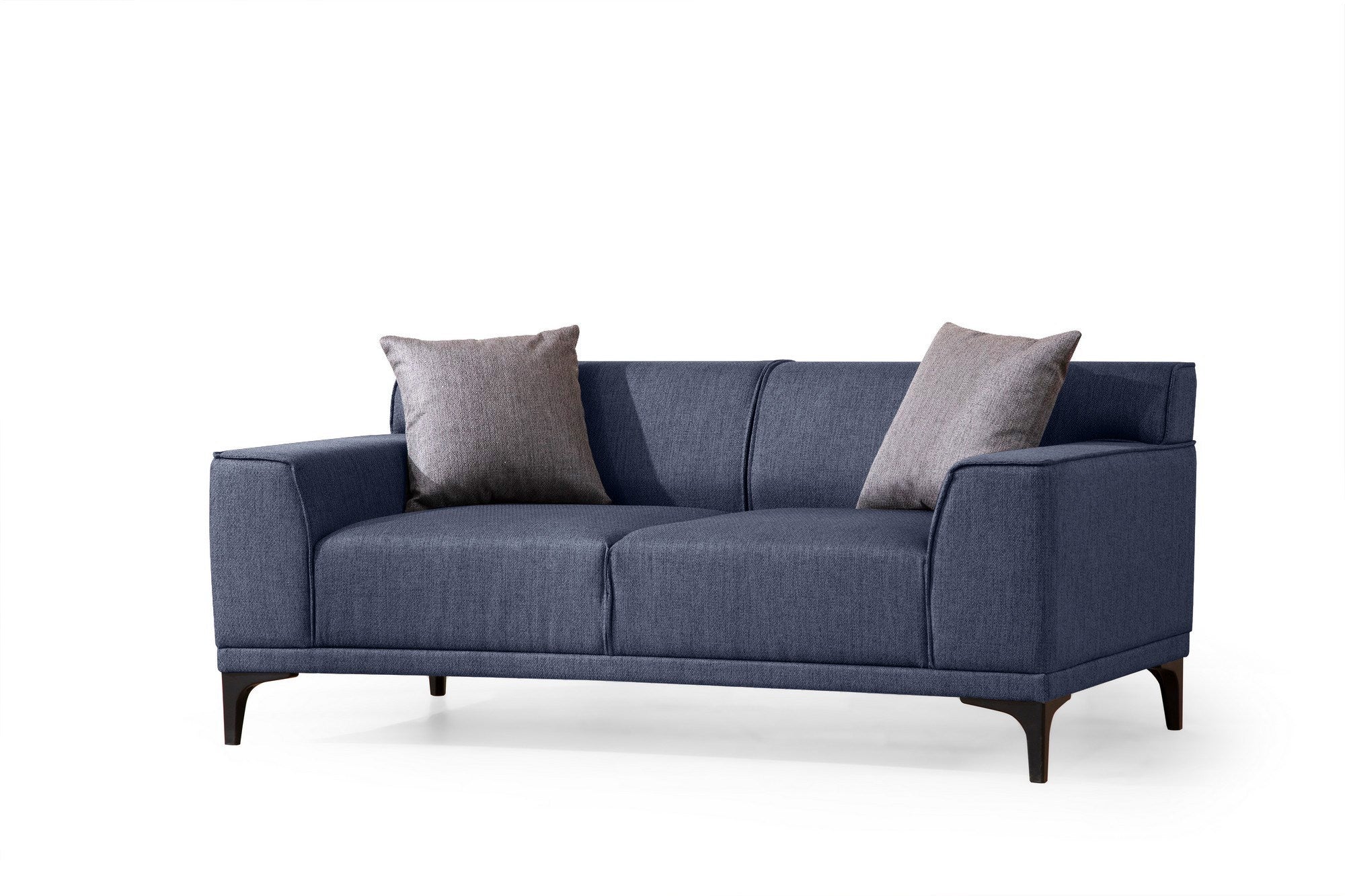 Sofá elegante de 2 lugares, tecido azul, 165 x 87 x 86 cm | Estrutura em madeira de faia e aglomerado, 100% poliéster, inclui 2 almofadas | Design confortável e moderno
