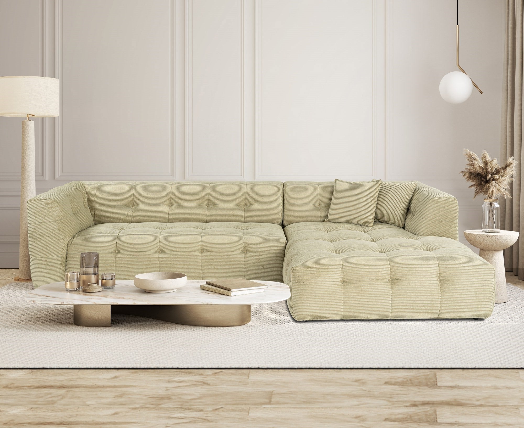 Sofá de canto elegante, verde, estrutura de madeira de faia e aglomerado, 300x150 cm | 100% poliéster, espuma 28 DNS, almofadas fixas, perfeito para espaços modernos