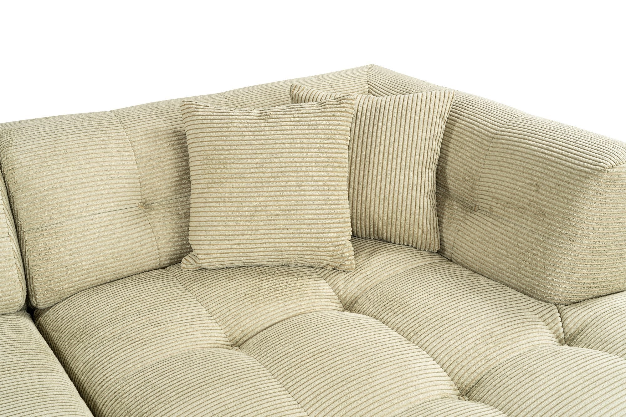 Sofá de canto elegante, verde, estrutura de madeira de faia e aglomerado, 300x150 cm | 100% poliéster, espuma 28 DNS, almofadas fixas, perfeito para espaços modernos